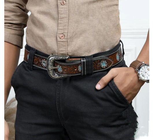 Vintage Embossed Leather Belt with Antique Metal Buckle