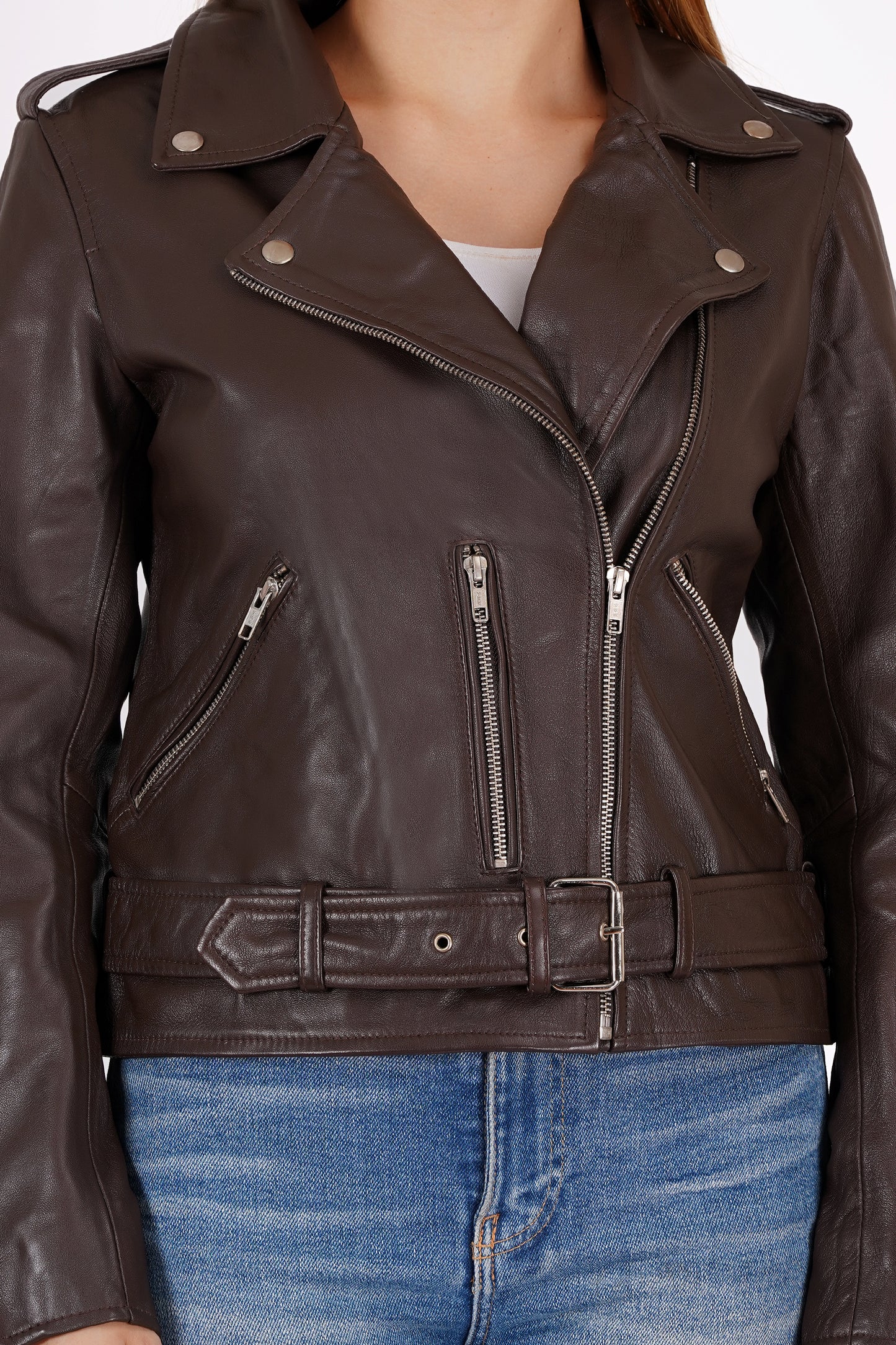 100% Leather Motorcycle Flap Pocket Jacket - Brown | WX114