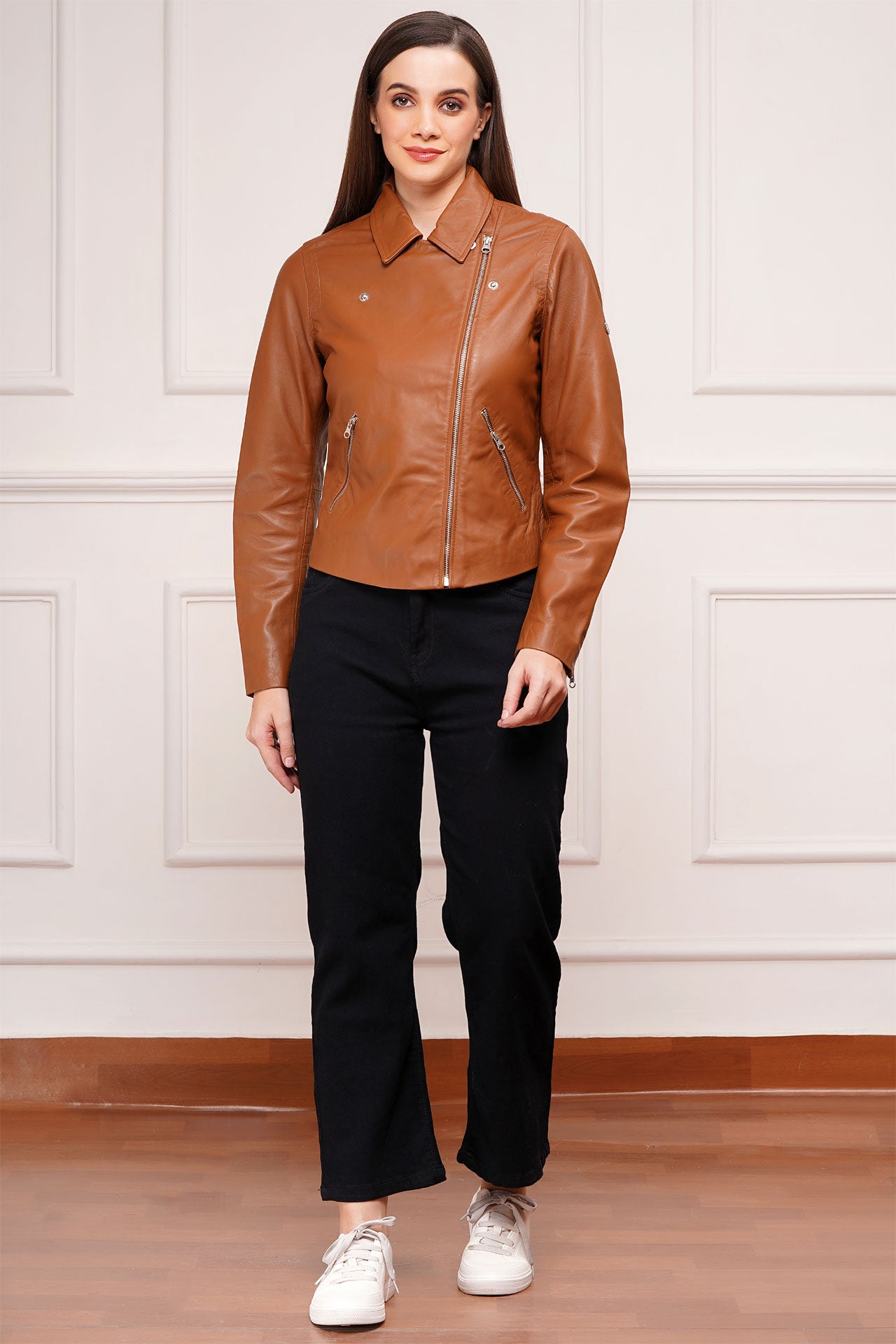 100% Washed Leather Biker Jacket: Cognac | WX71