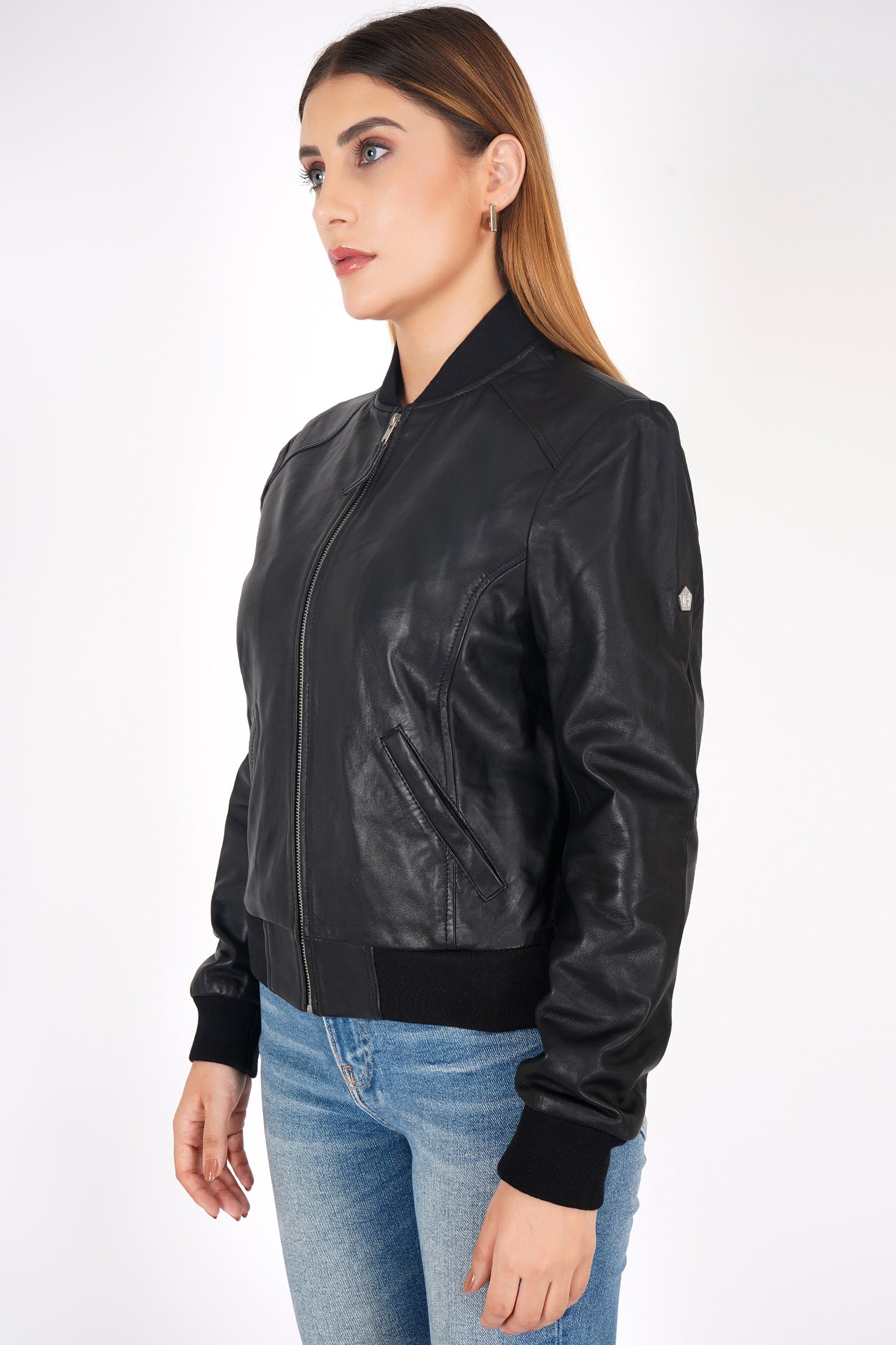 100% Washed Leather Rib Collar Bomber Jacket - WX 97