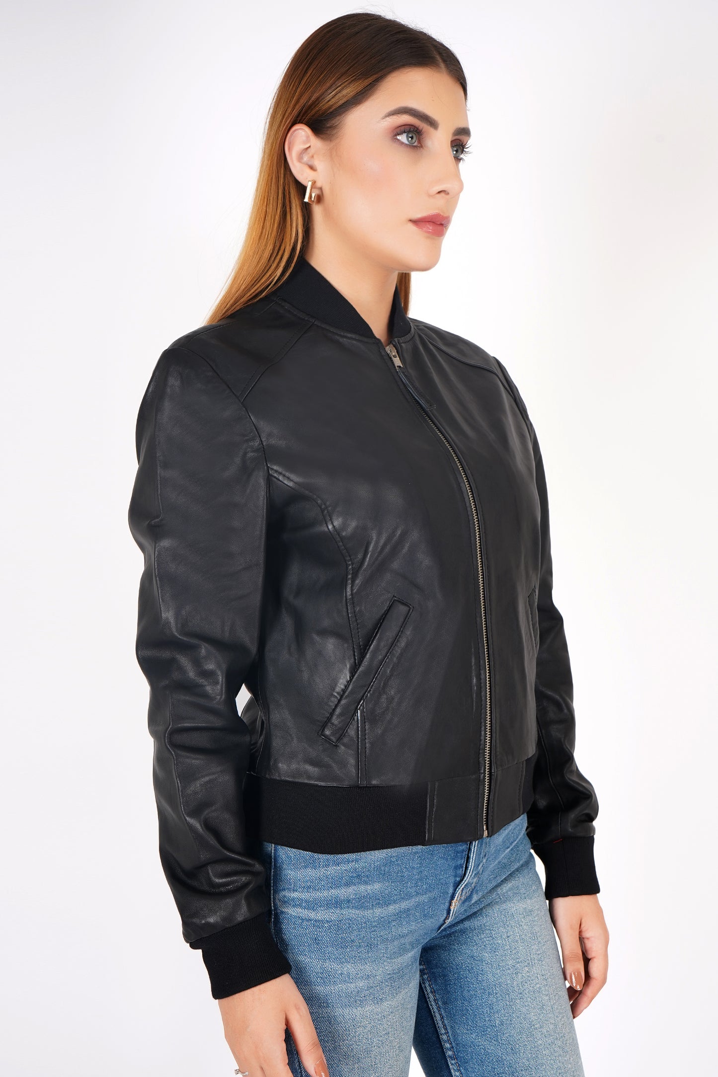100% Washed Leather Rib Collar Bomber Jacket - WX 97