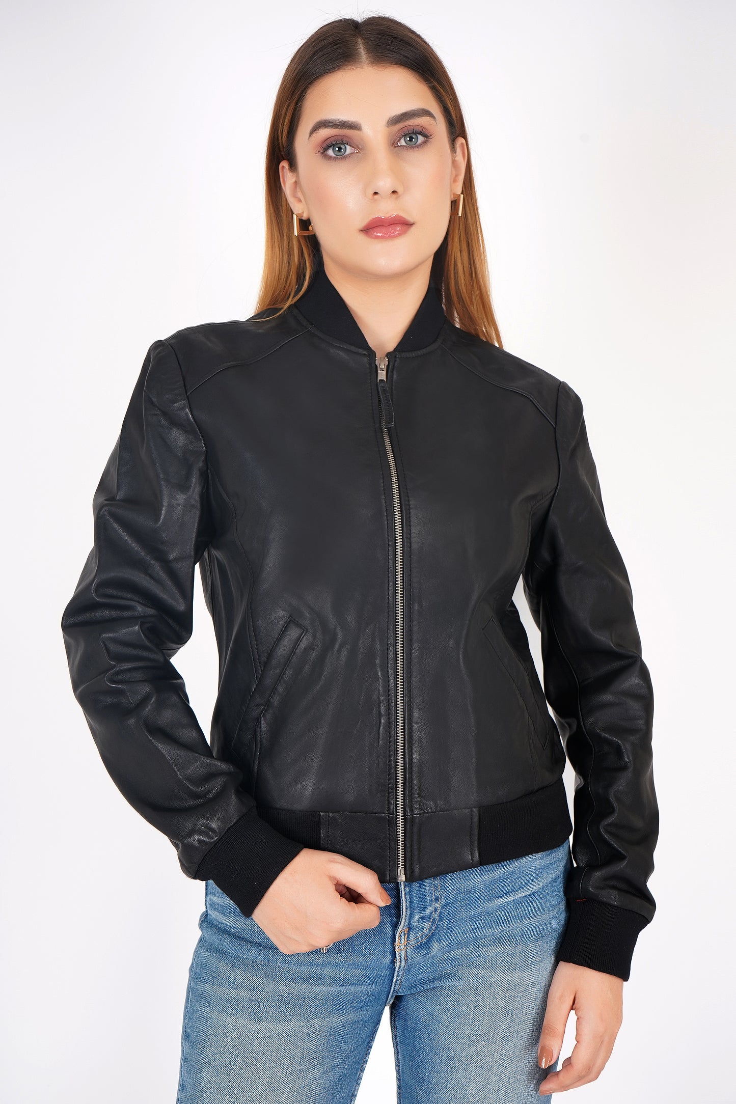 100% Washed Leather Rib Collar Bomber Jacket - WX 97