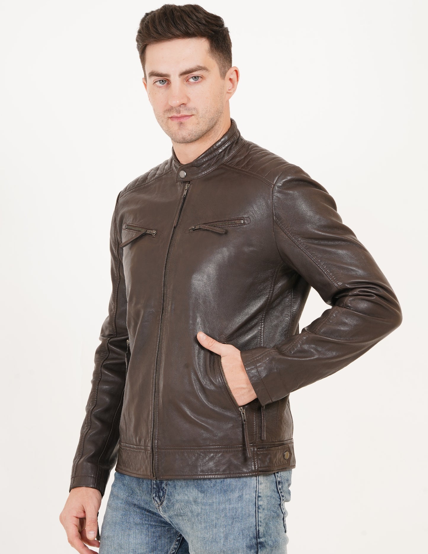 100% Heavy Washed Leather Snap Collar Jacket - Brown | MX19