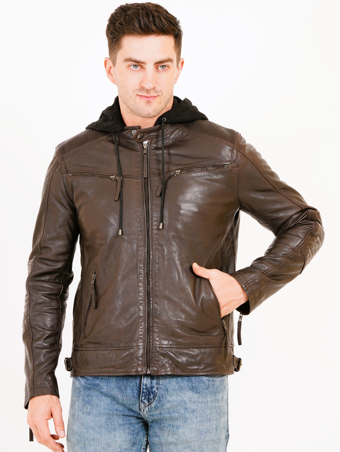 100% Heavy Washed Detachable Hood Jacket - Brown | MX20