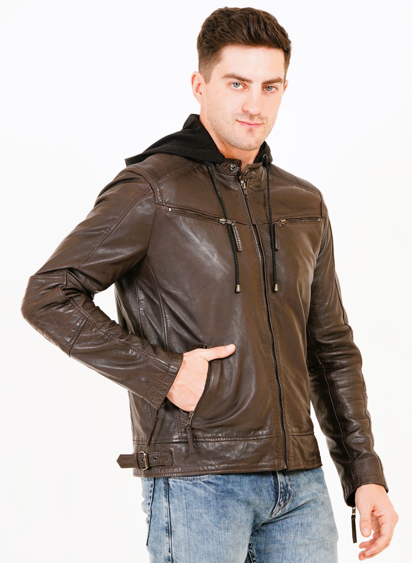 100% Heavy Washed Detachable Hood Jacket - Brown | MX20