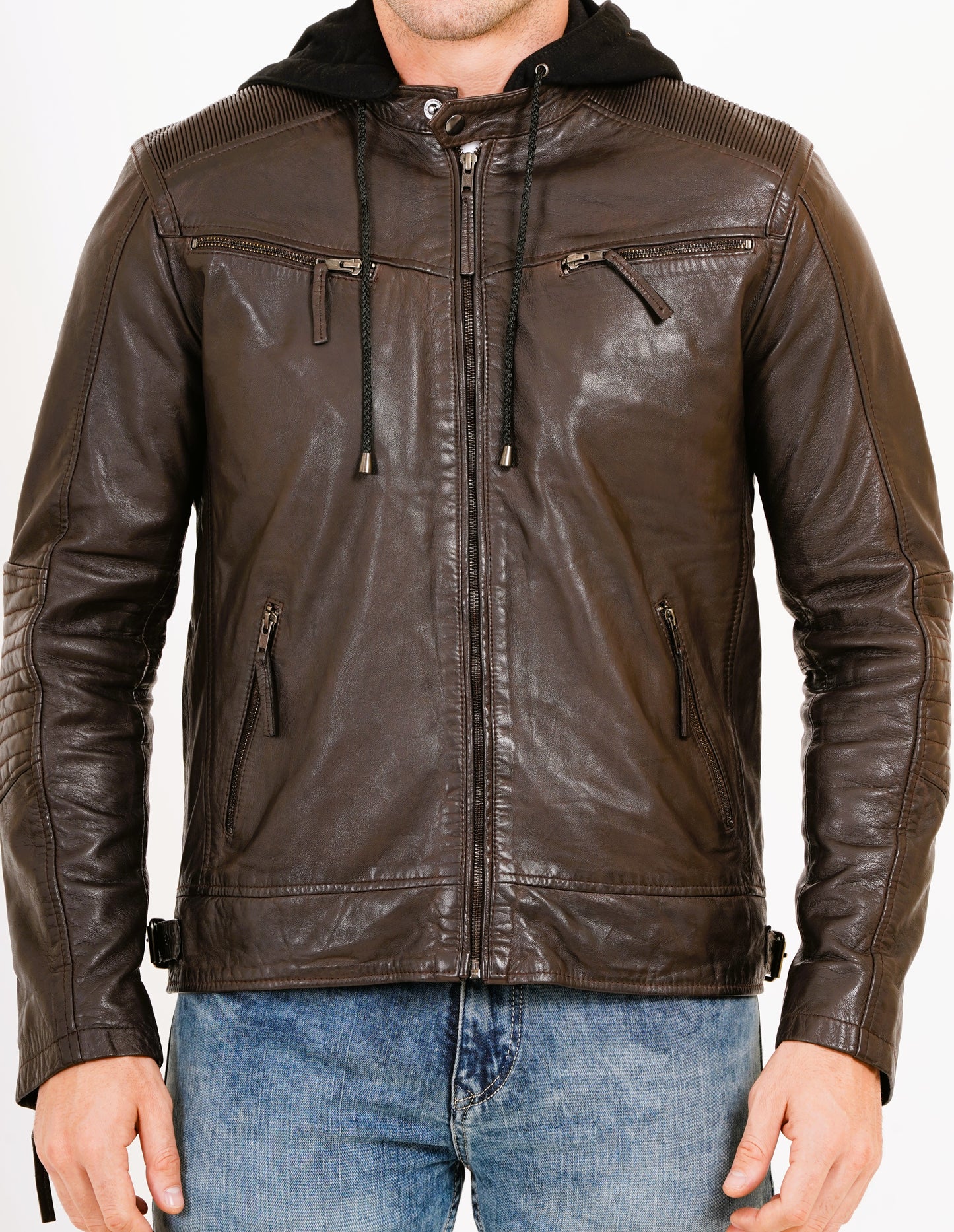 100% Heavy Washed Detachable Hood Jacket - Brown | MX20