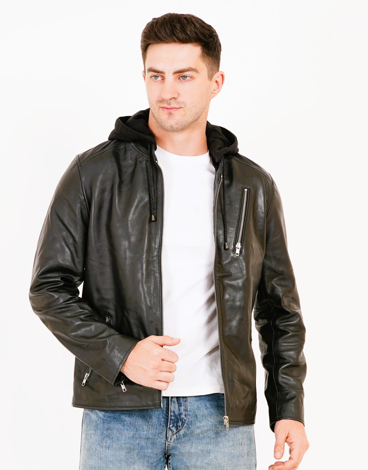 100% LEATHER WITH DETACHABLE HOOD JACEKT MX 45