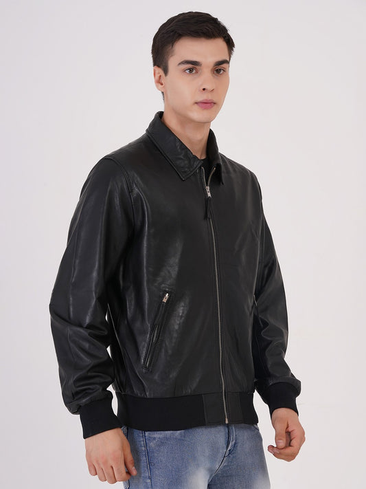 100% WASHED LEATHER COLLAR BOMBOR JACKET MX 55