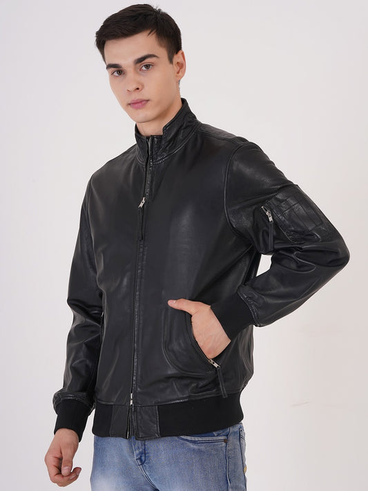 100% Washed Leather Zip Up Bomber Jacket - Black | MX 80