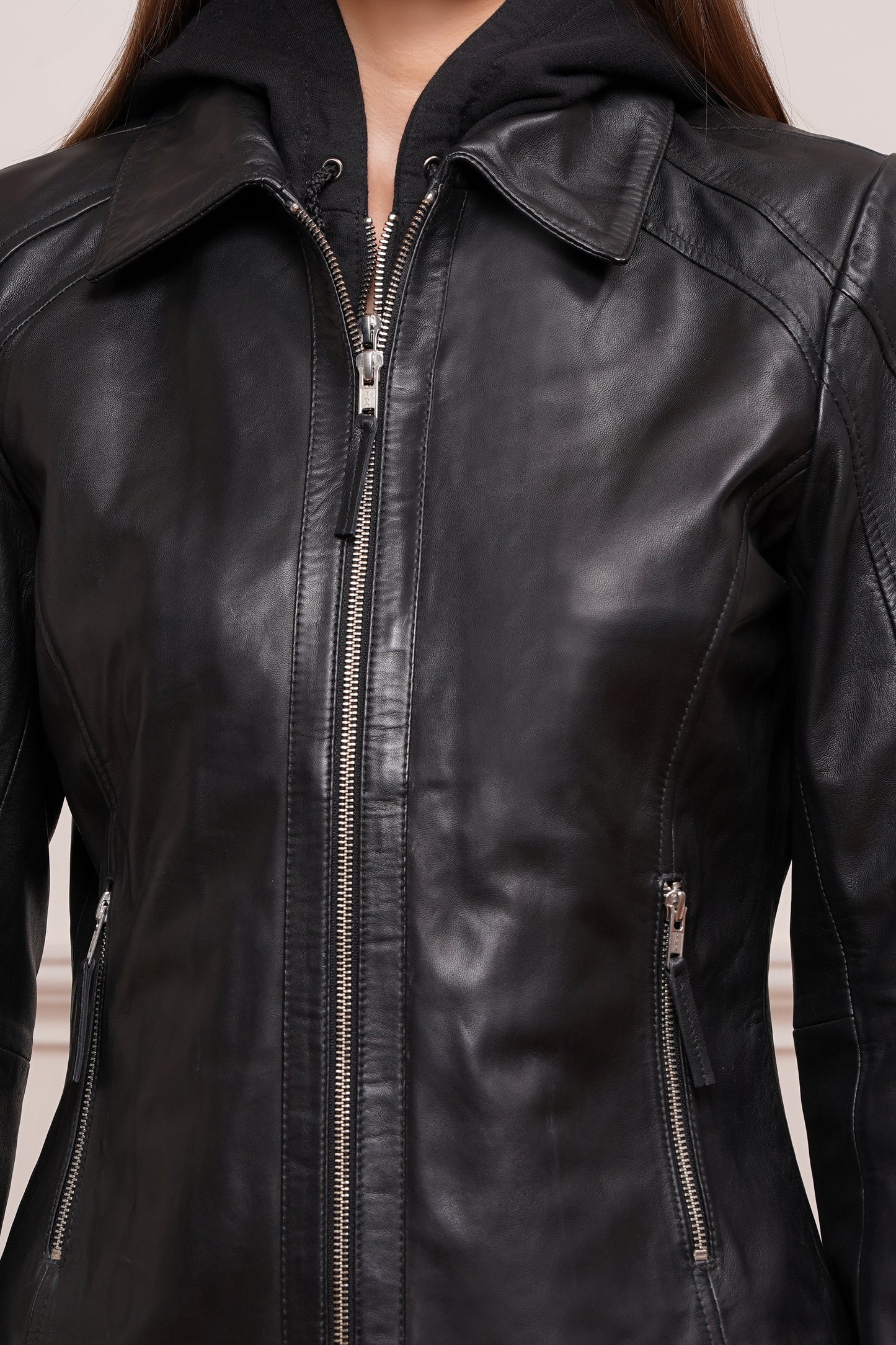 100% Washed Leather Detachable hood Jacket | WX47