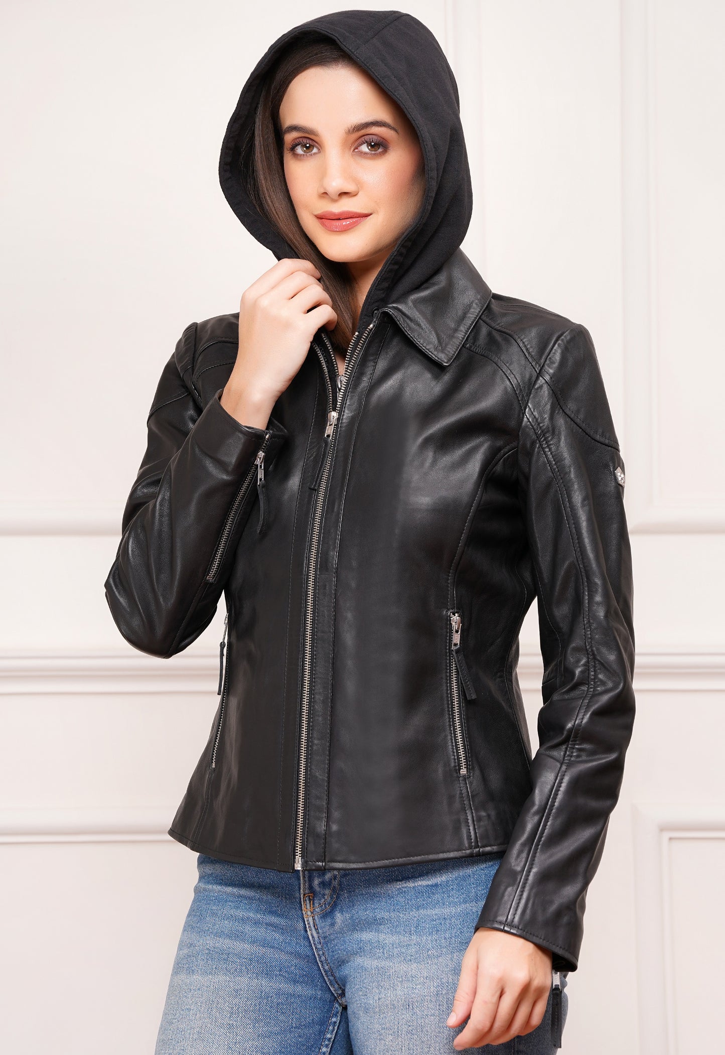 100% Washed Leather Detachable hood Jacket | WX47
