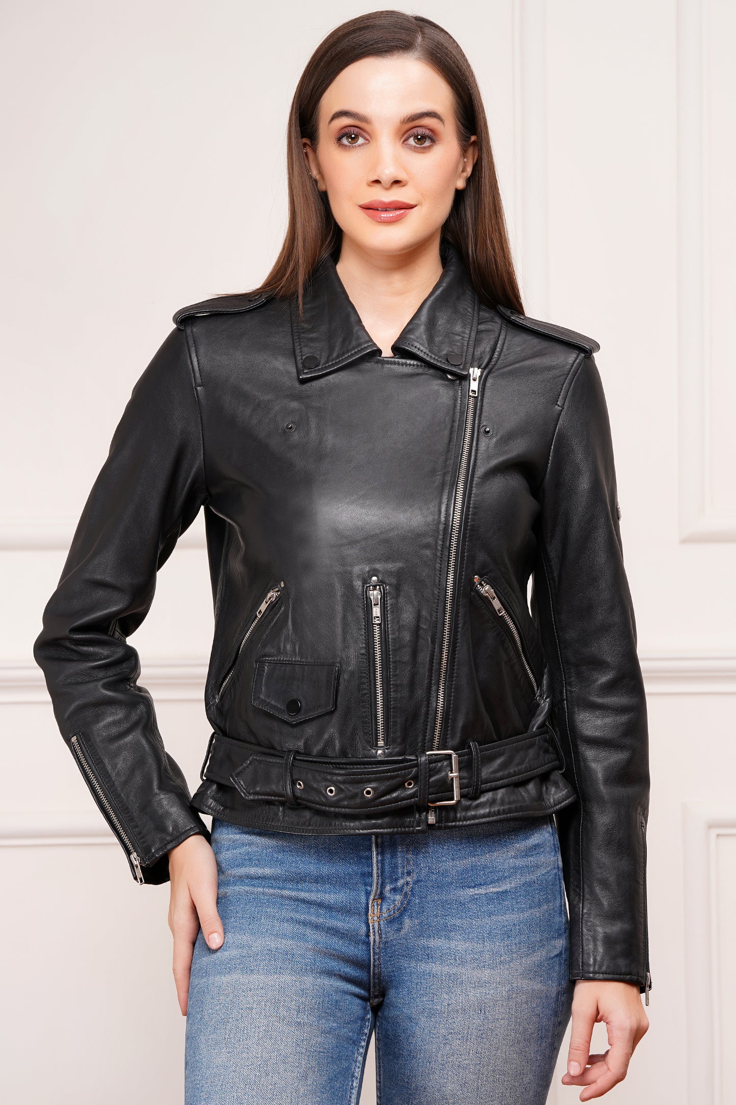 100% Leather Motorcycle Flap Pocket Jacket - Black | WX88