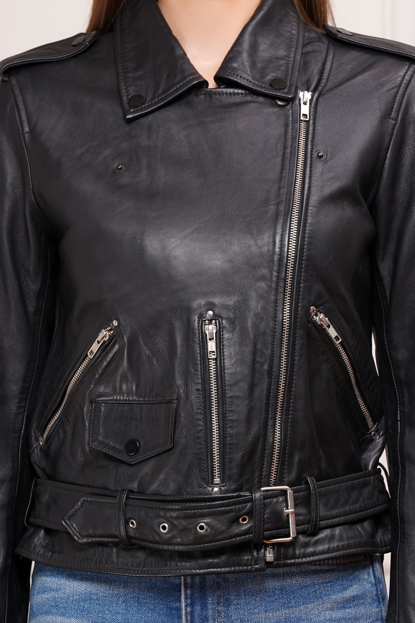 100% Leather Motorcycle Flap Pocket Jacket - Black | WX88