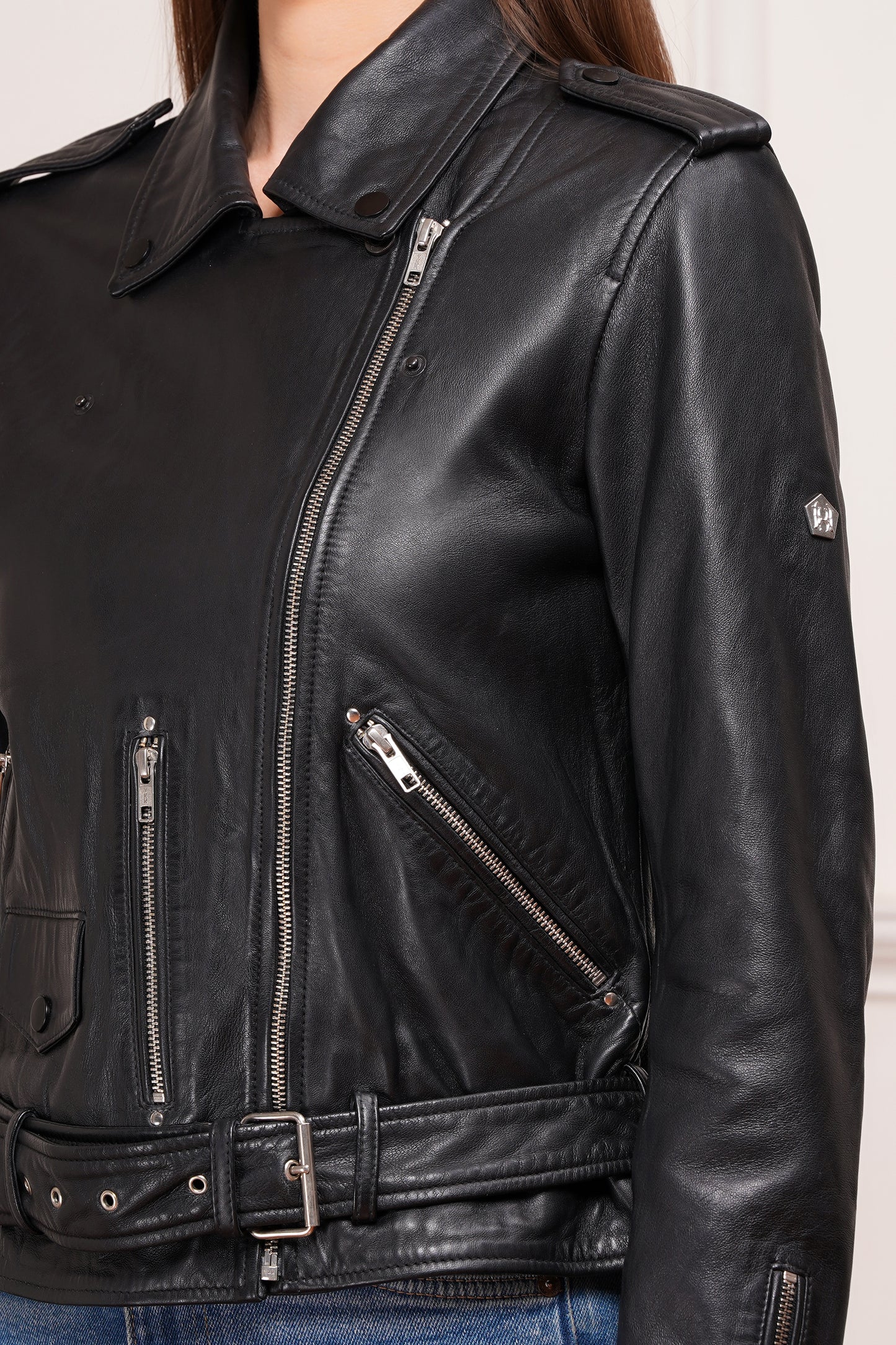 100% Leather Motorcycle Flap Pocket Jacket - Black | WX88
