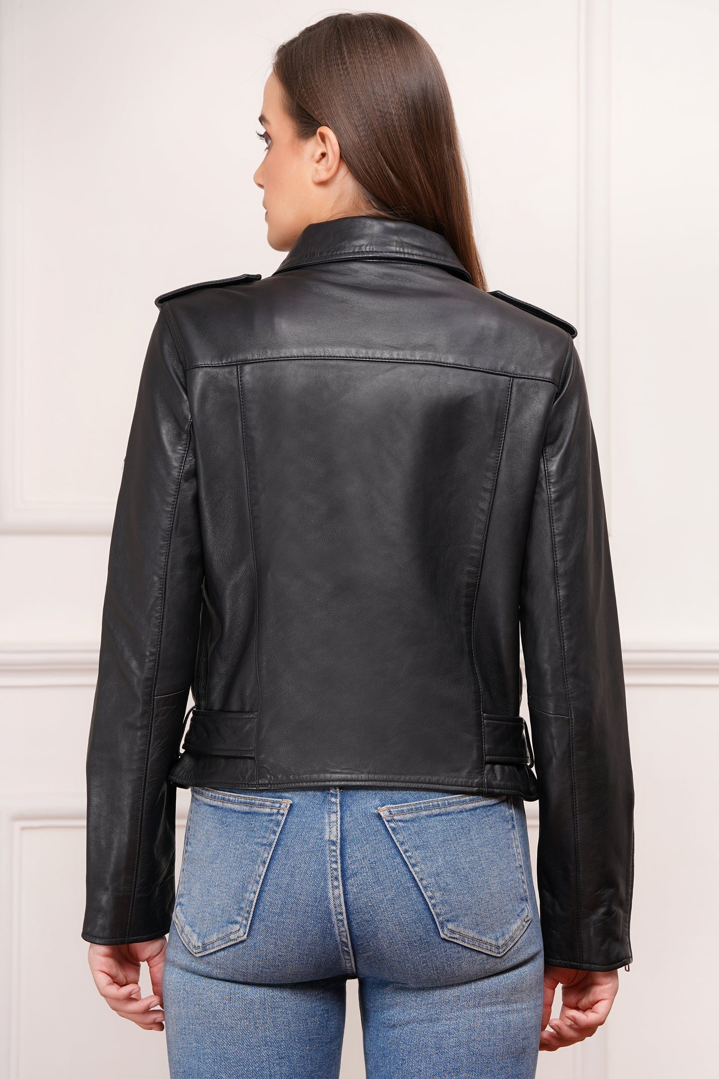 100% Leather Motorcycle Flap Pocket Jacket - Black | WX88