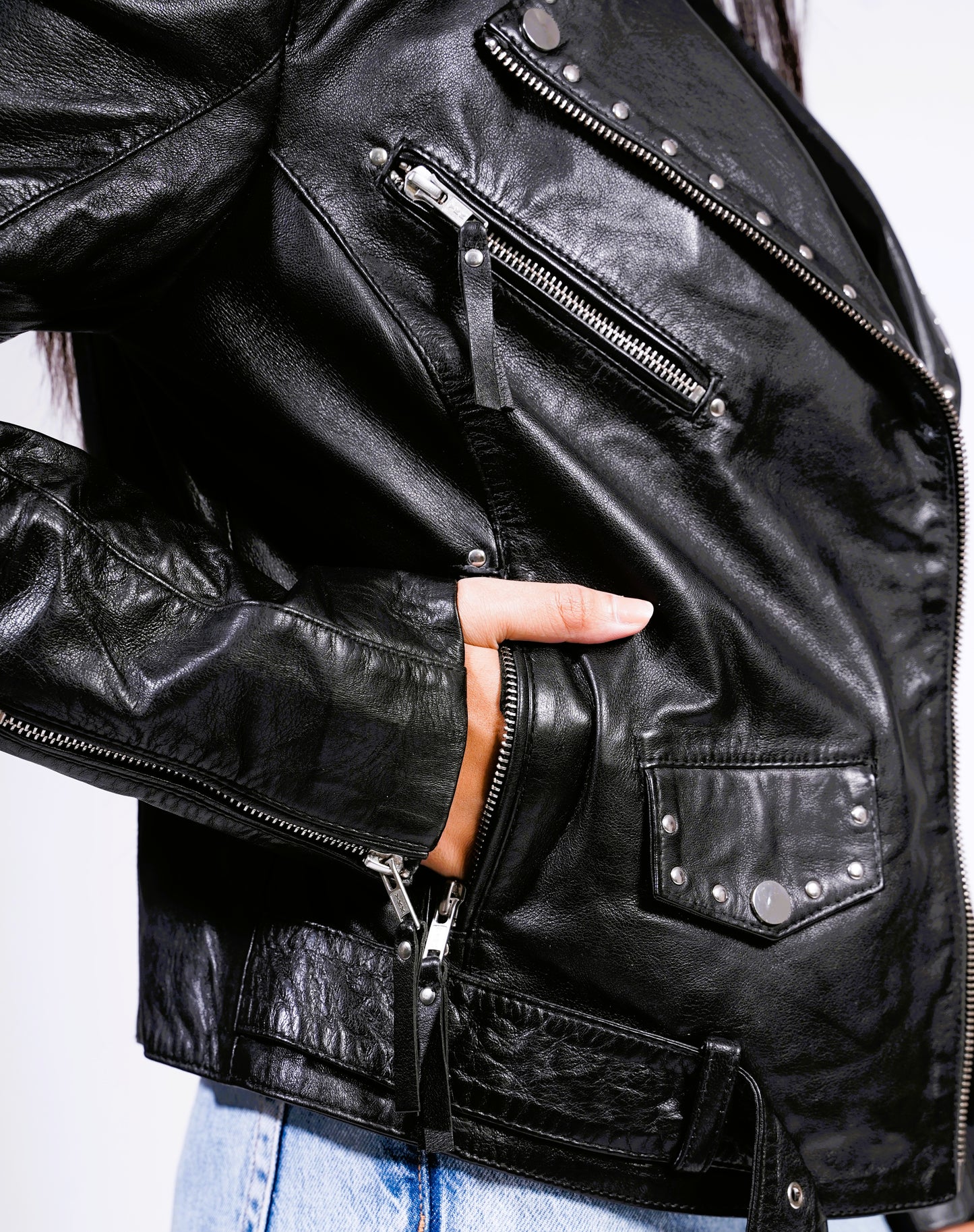 100% Leather Stud Biker Jacket | WX29