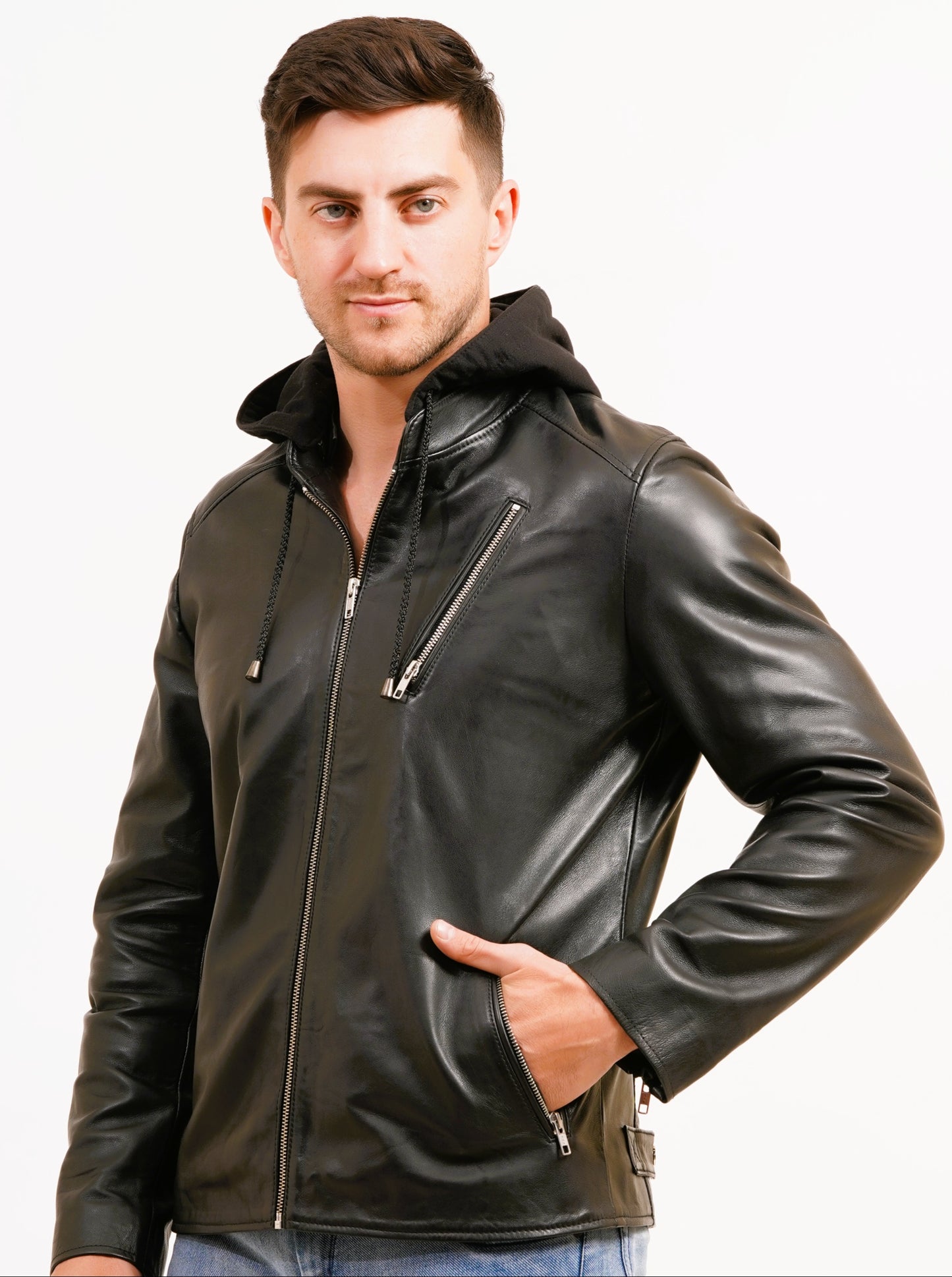 100% LEATHER WITH DETACHABLE HOOD JACEKT MX 45