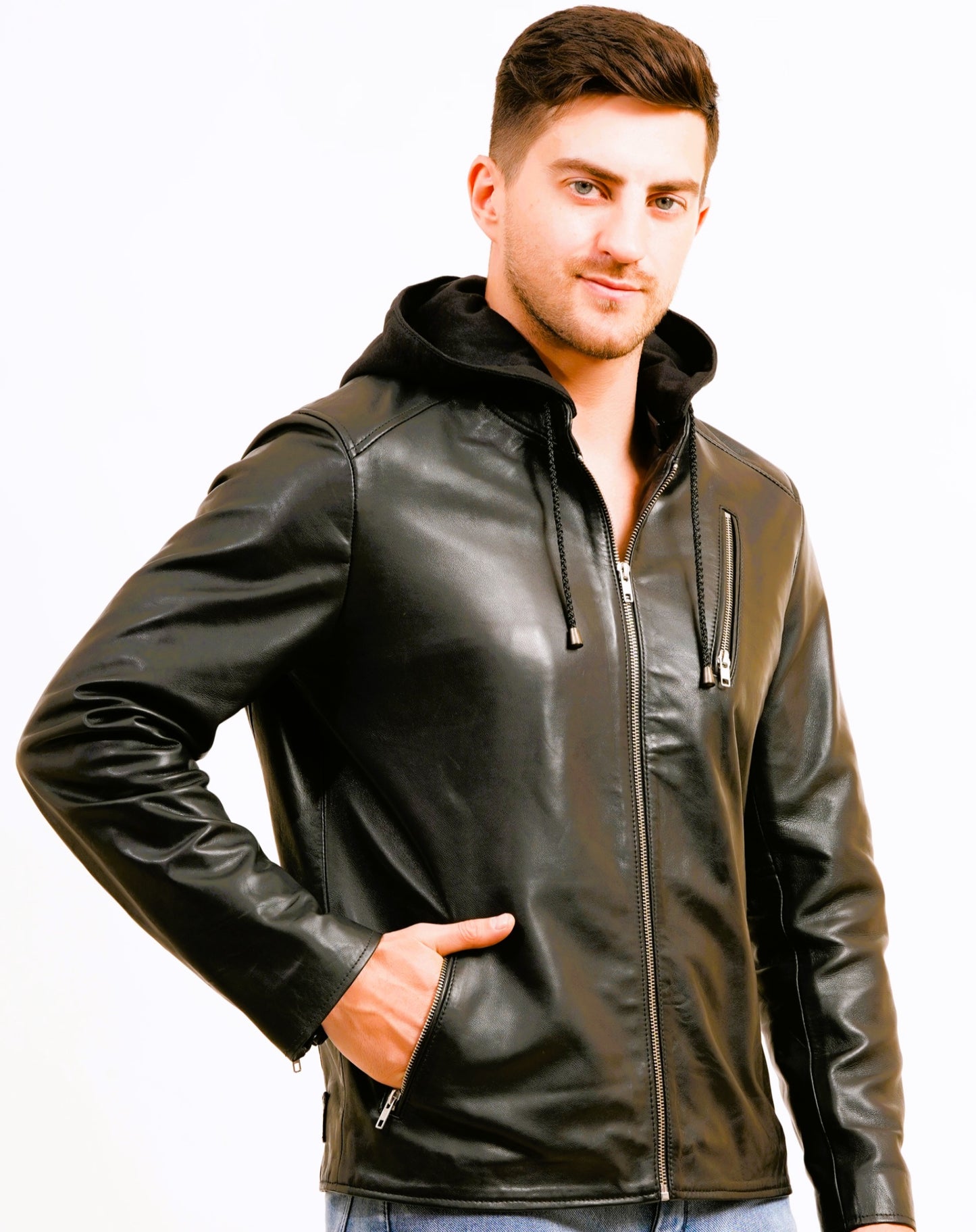 100% LEATHER WITH DETACHABLE HOOD JACEKT MX 45