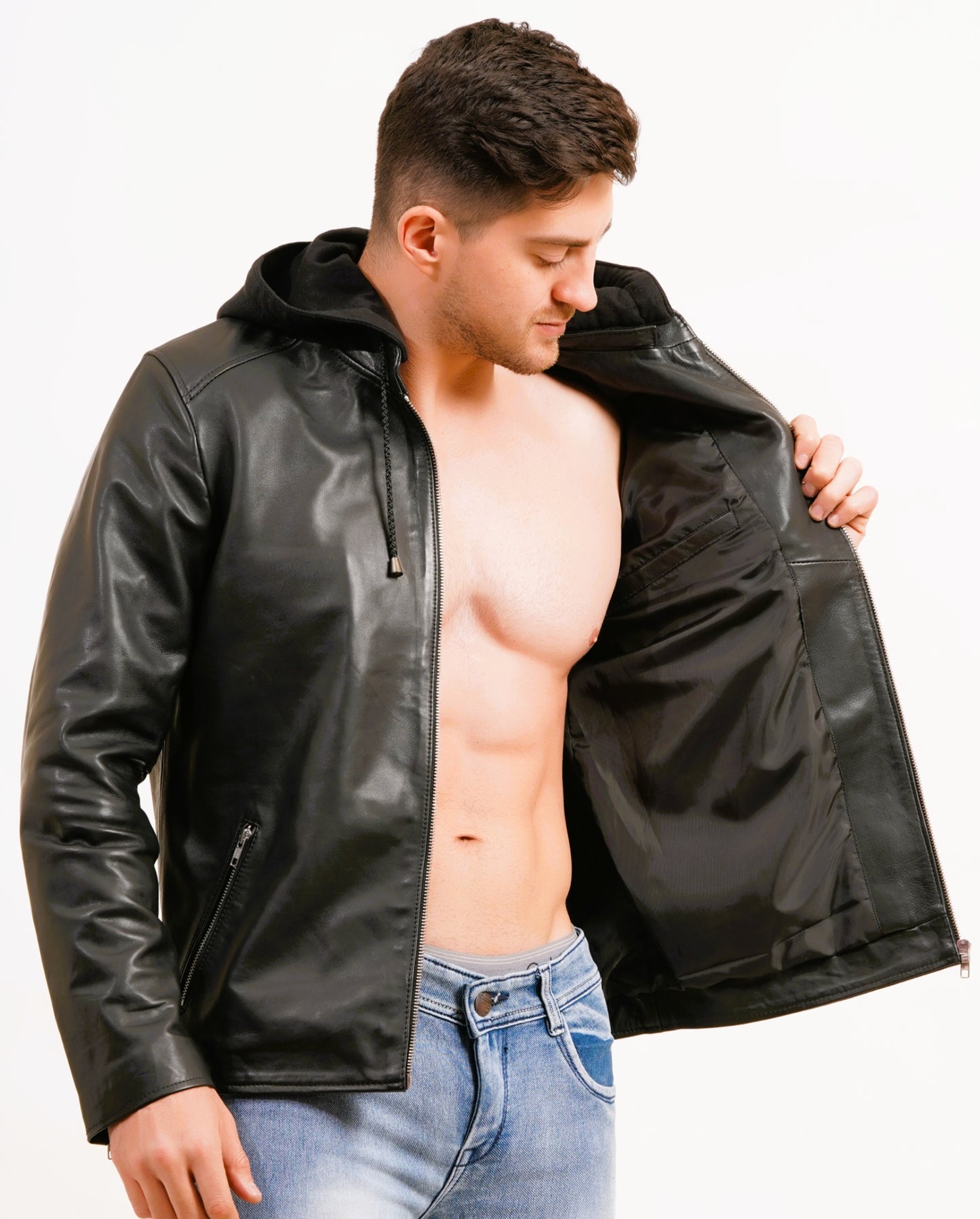 100% LEATHER WITH DETACHABLE HOOD JACEKT MX 45