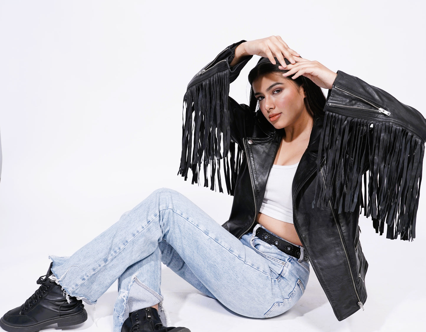 100% Leather Fringes Biker Jacket | WX32