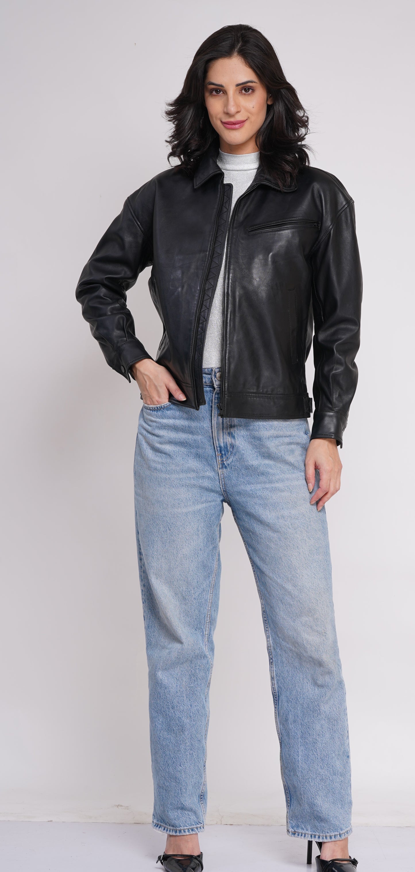 100% Leather Oversized Bombor Jacket - WX 101