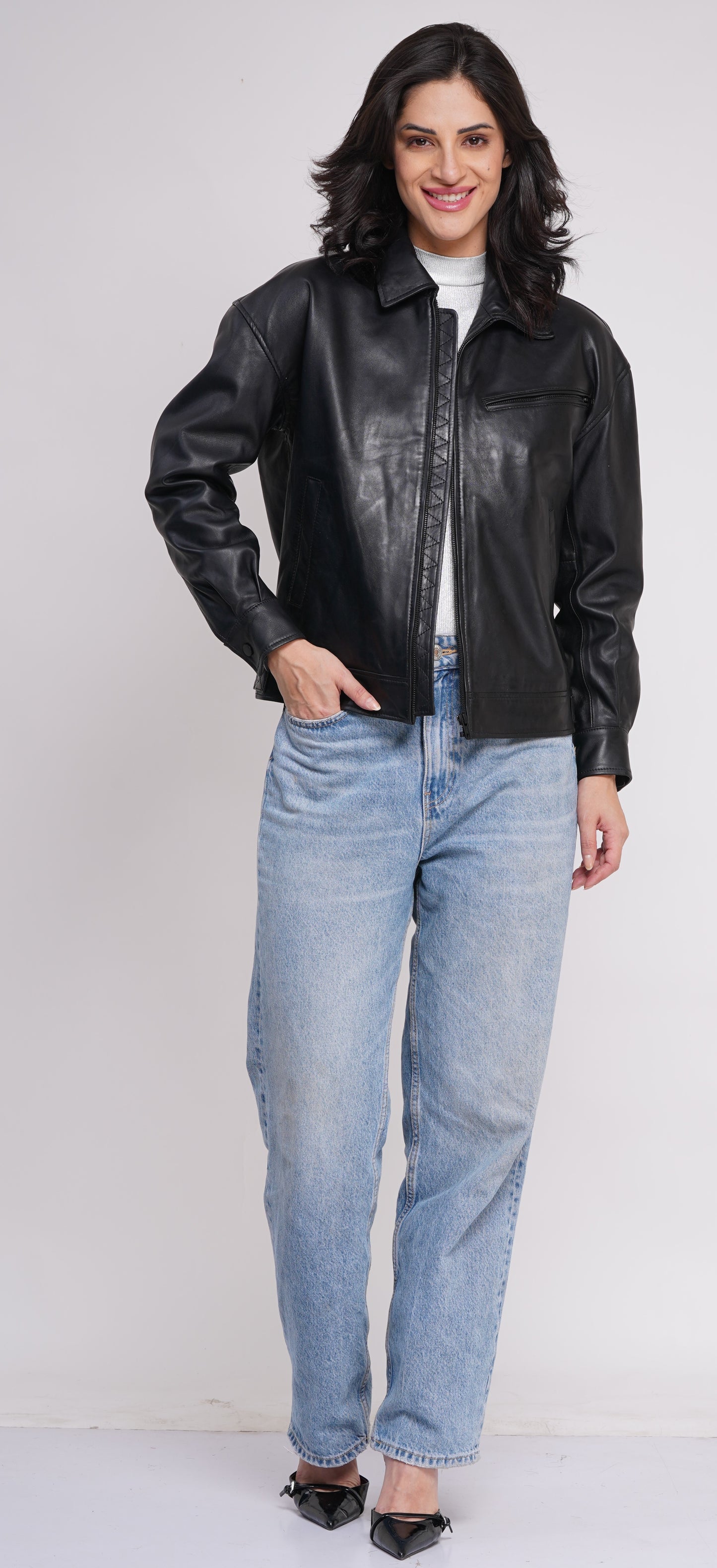 100% Leather Oversized Bombor Jacket - WX 101