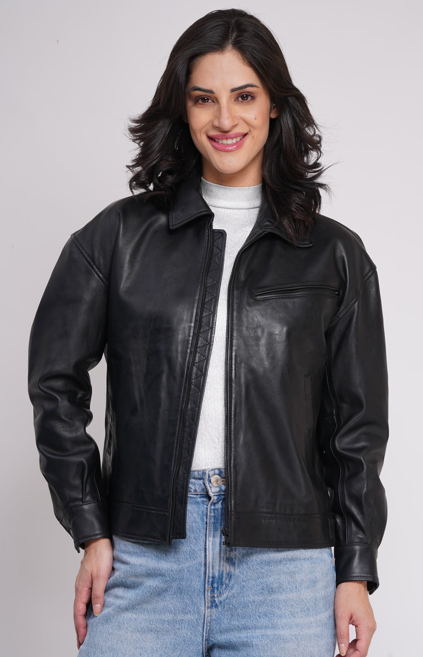 100% Leather Oversized Bombor Jacket - WX 101
