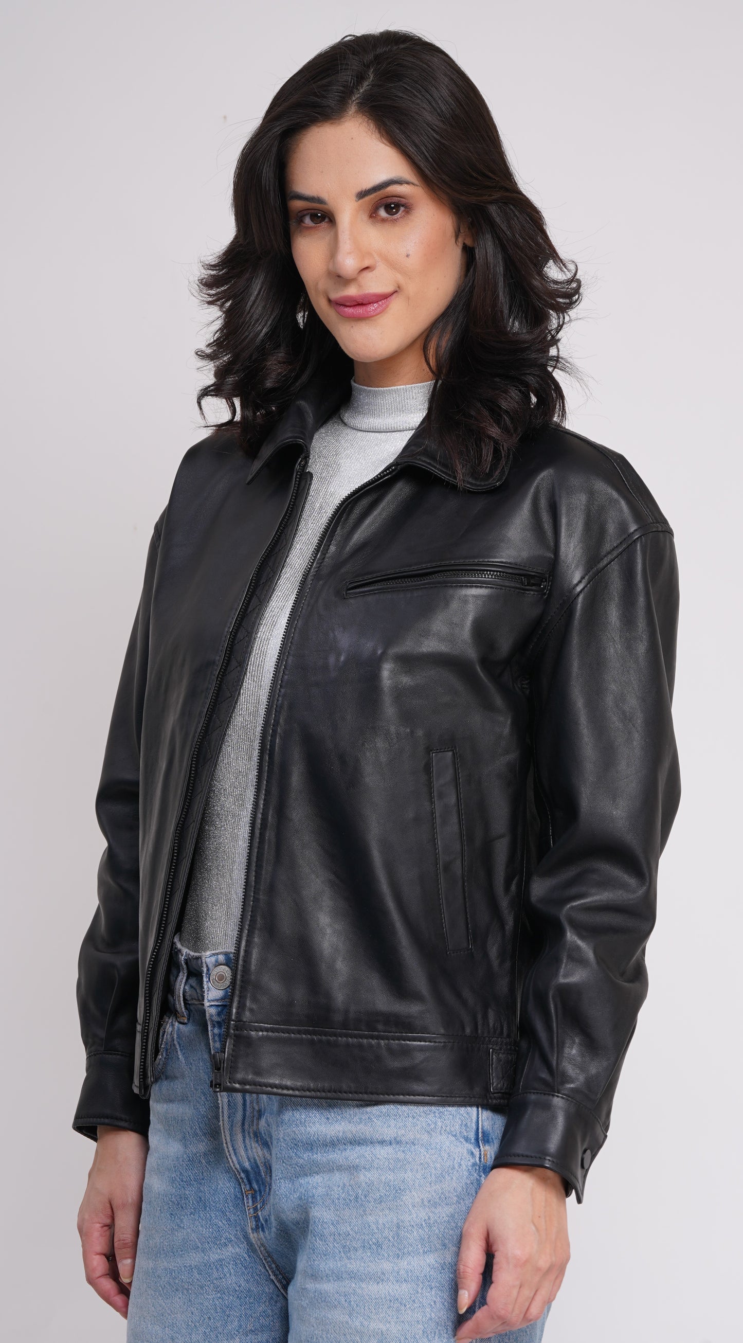 100% Leather Oversized Bombor Jacket - WX 101