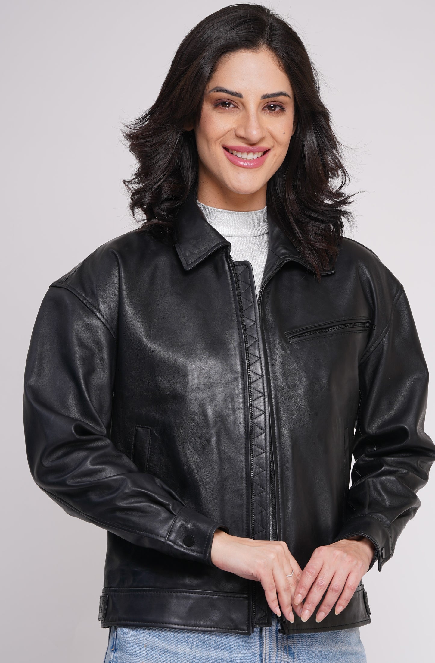100% Leather Oversized Bombor Jacket - WX 101