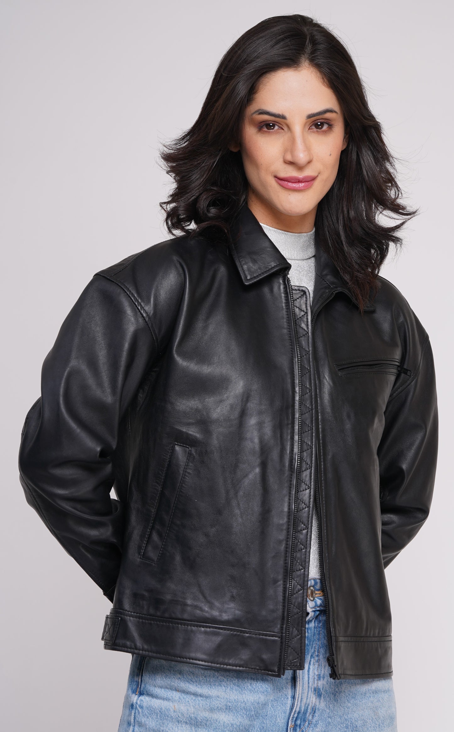 100% Leather Oversized Bombor Jacket - WX 101