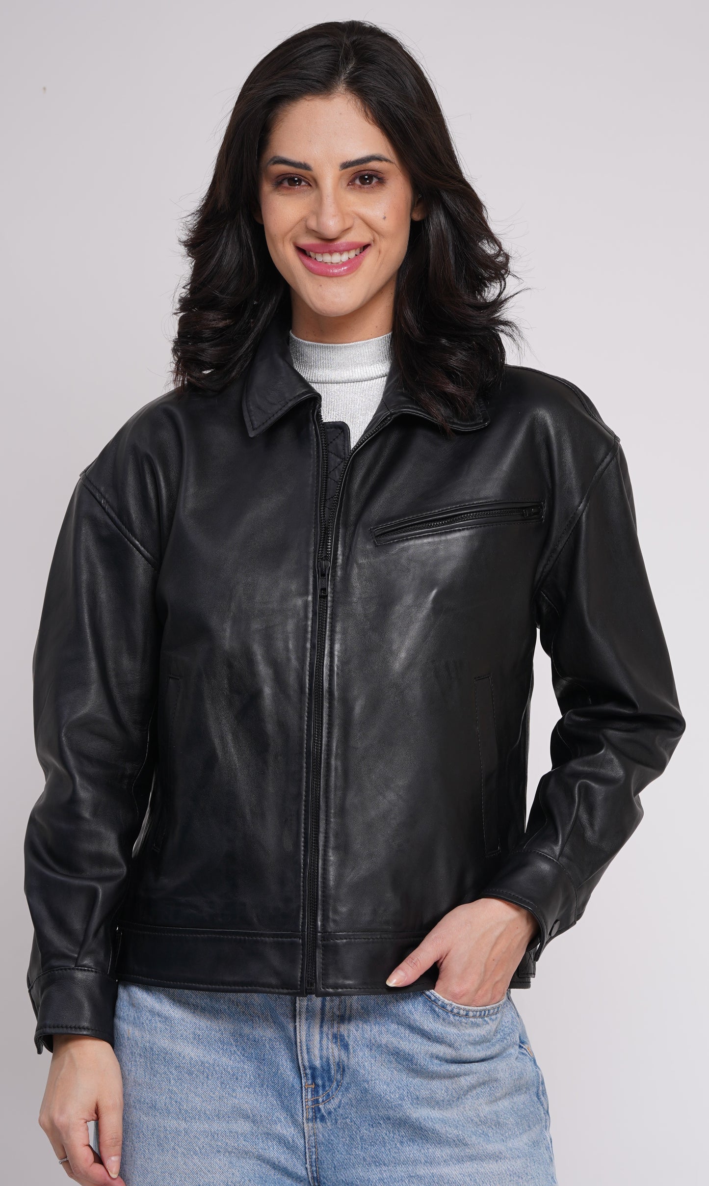 100% Leather Oversized Bombor Jacket - WX 101