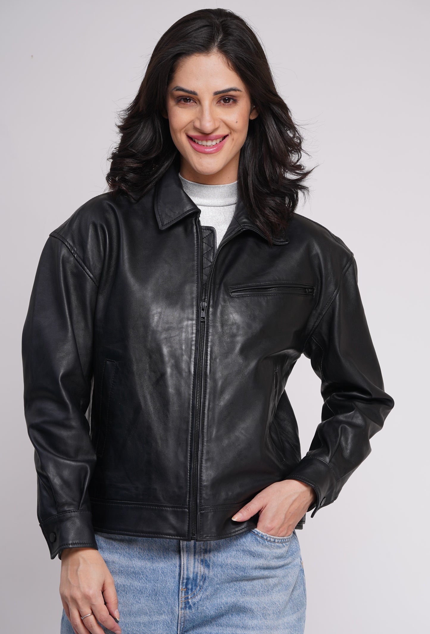 100% Leather Oversized Bombor Jacket - WX 101