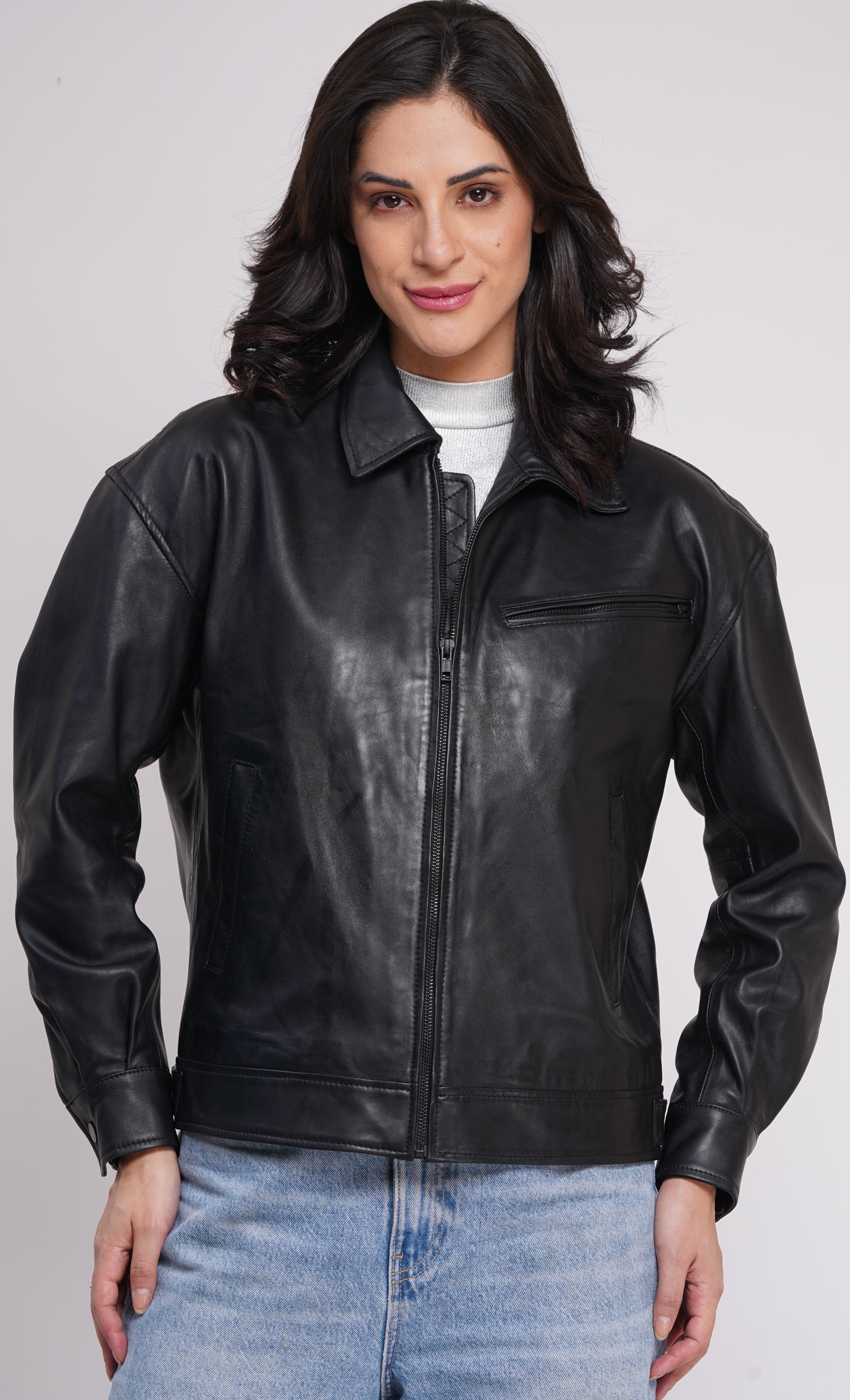 100% Leather Oversized Bombor Jacket - WX 101