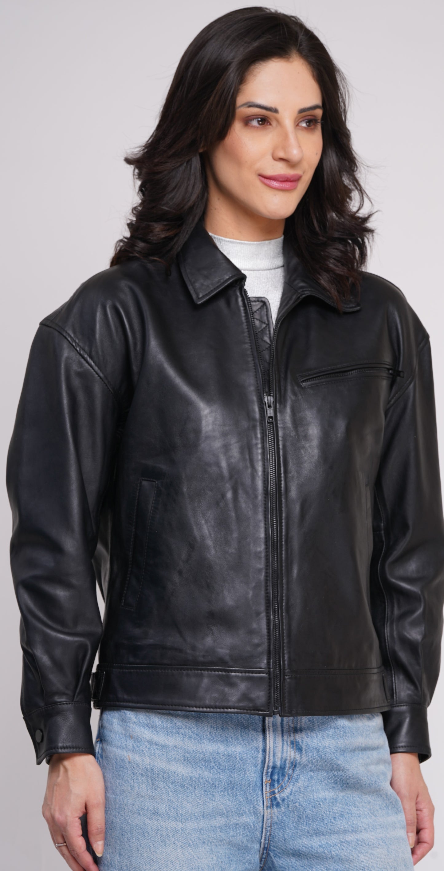 100% Leather Oversized Bombor Jacket - WX 101