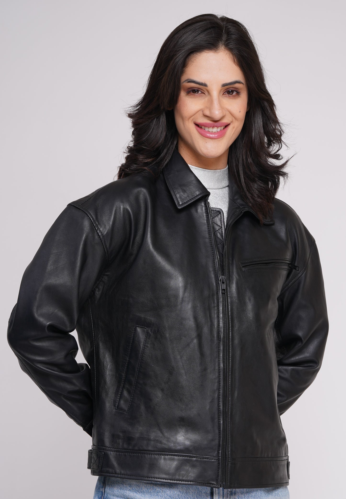 100% Leather Oversized Bombor Jacket - WX 101