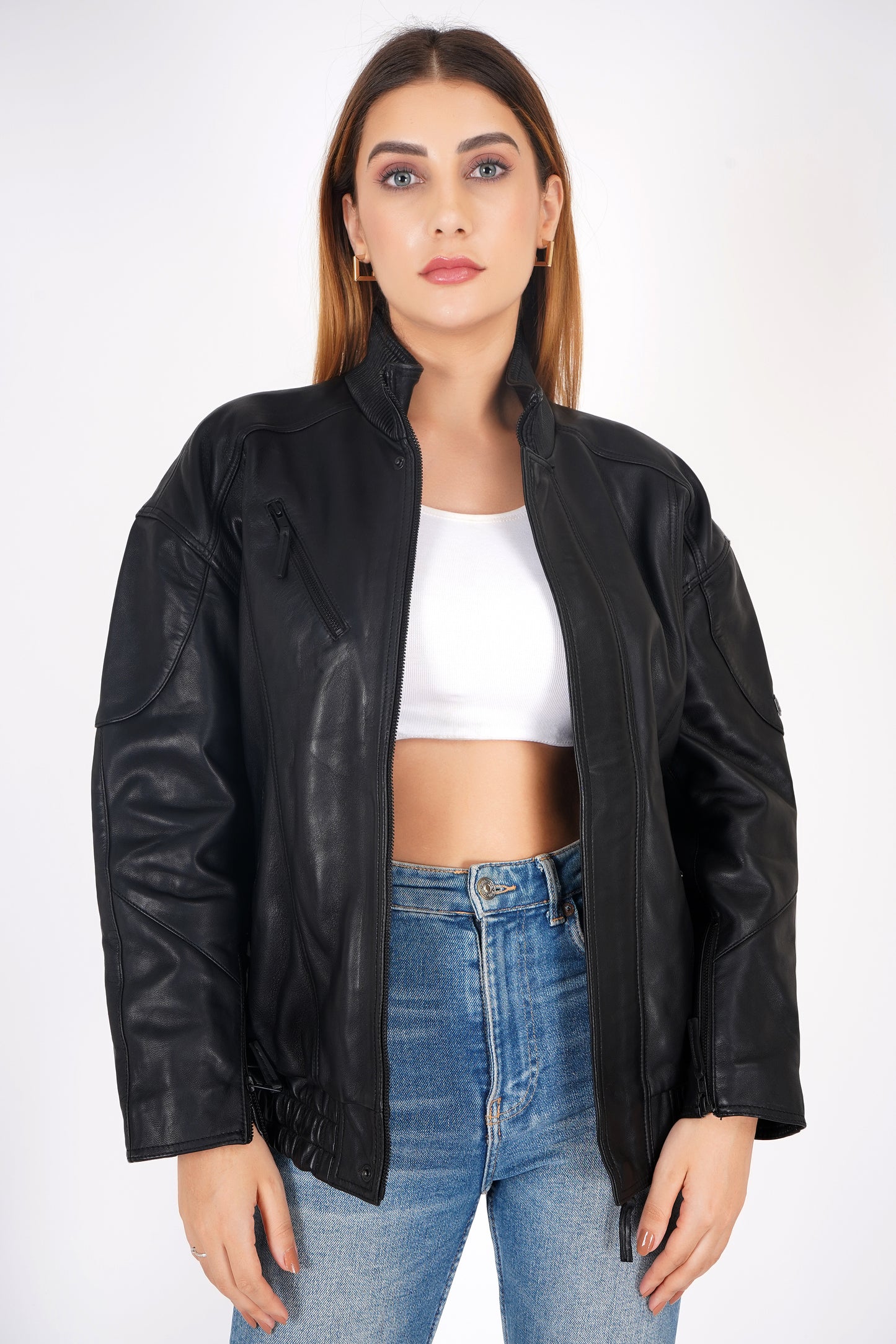 100% Leather Oversized LYCRA Bombor Jacket | WX100