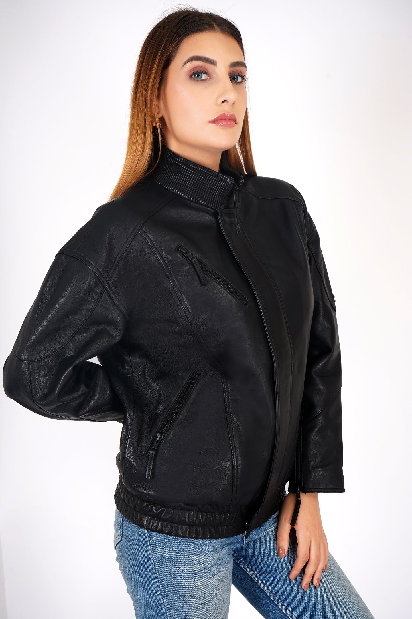 100% Leather Oversized LYCRA Bombor Jacket | WX100