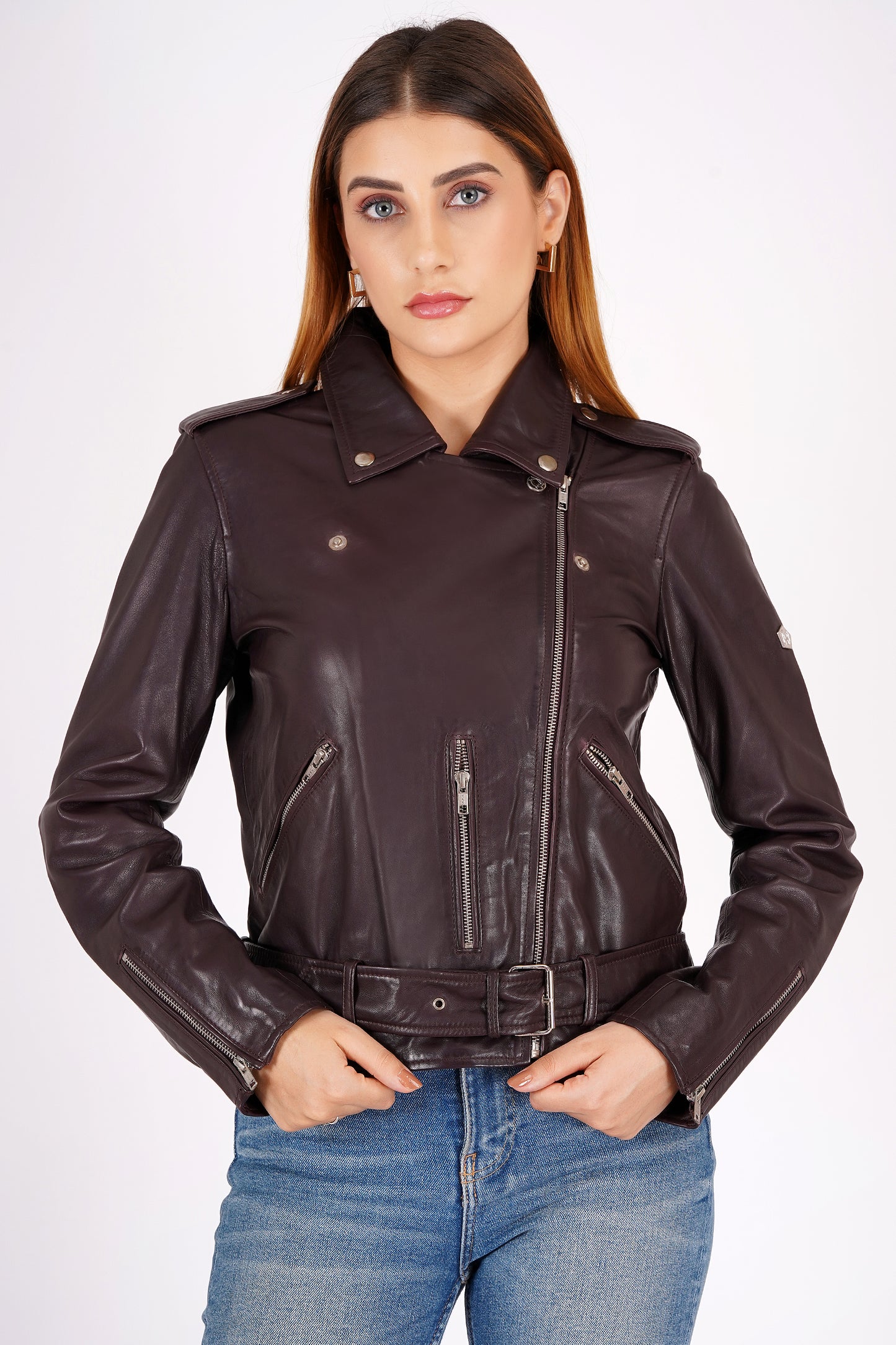 100% Leather Motorcycle Flap Pocket Jacket - Burgundy | WX114