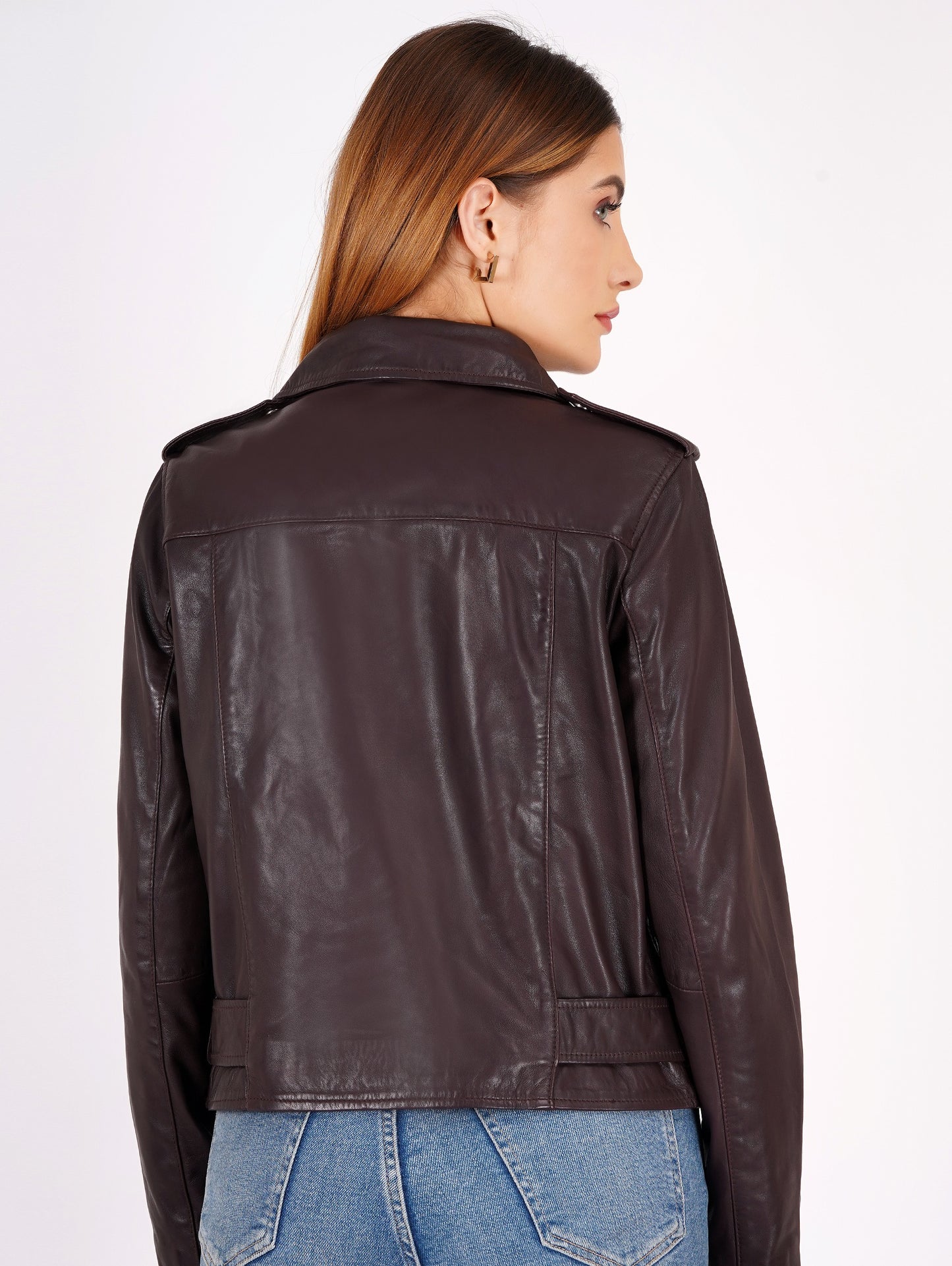 100% Leather Motorcycle Flap Pocket Jacket - Burgundy | WX114