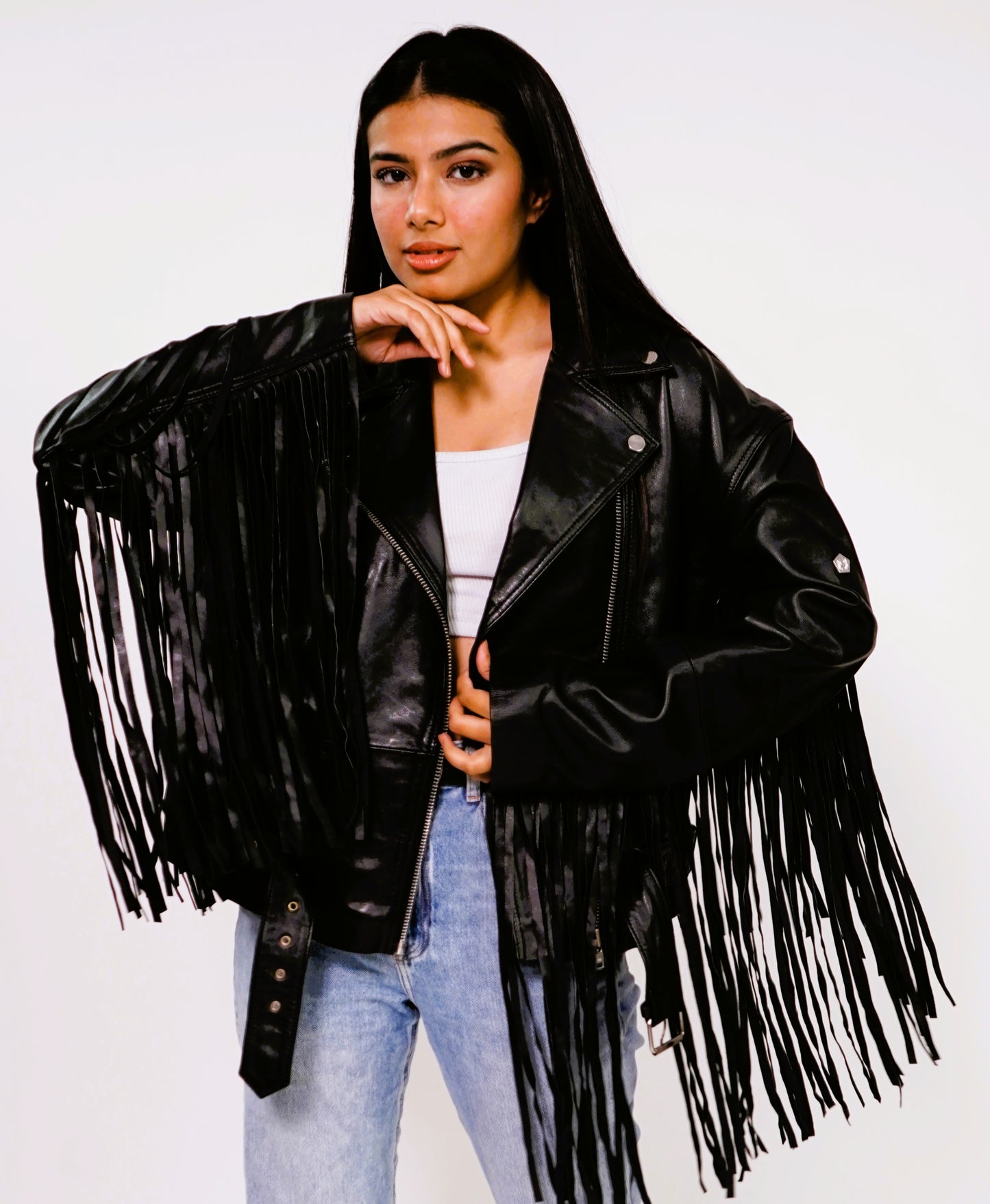 100% LEATHER OVERSIZED FINGES BIKER | WX 014