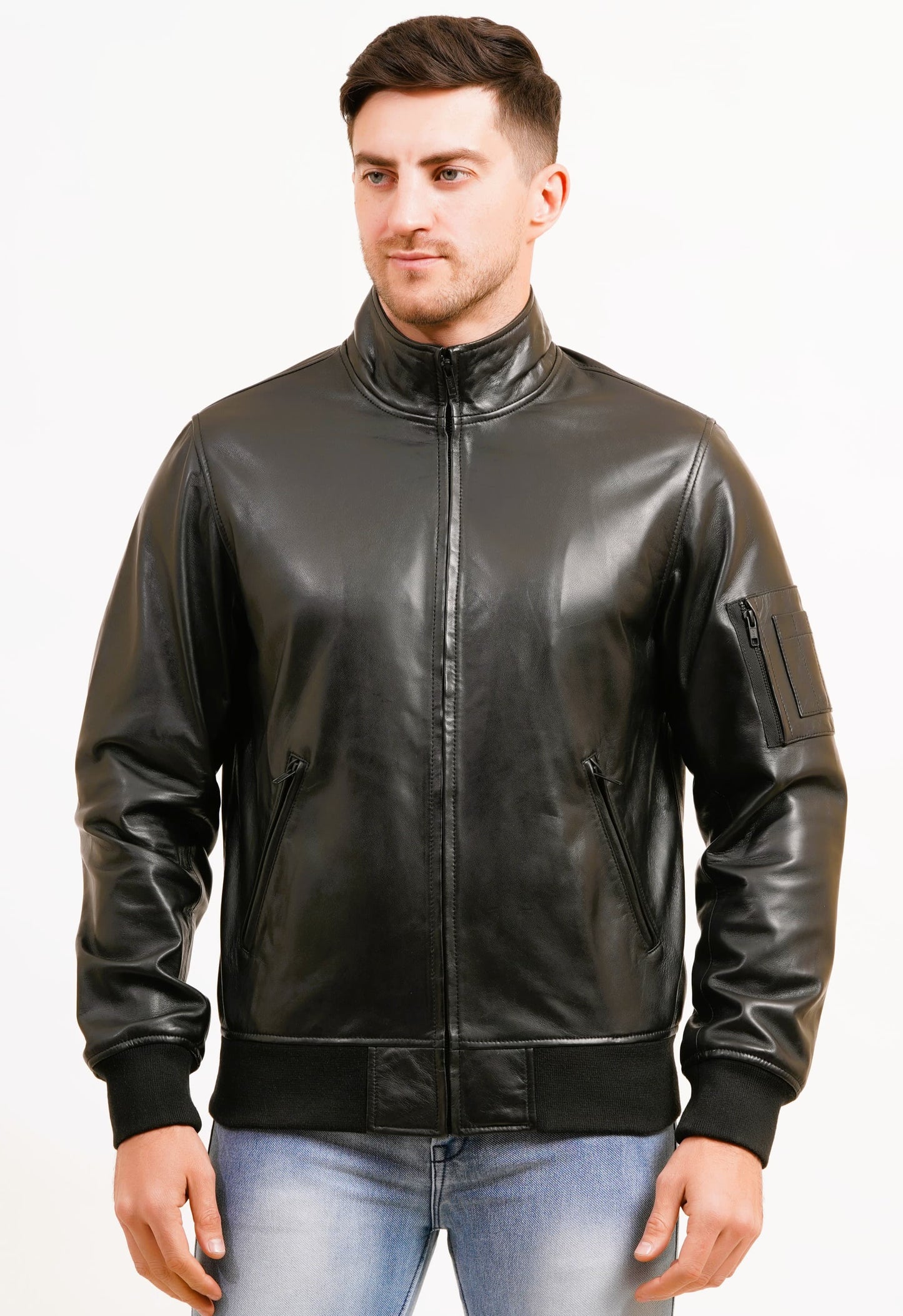 100% Washed Leather Zip Up Bomber Jacket - Black | MX80