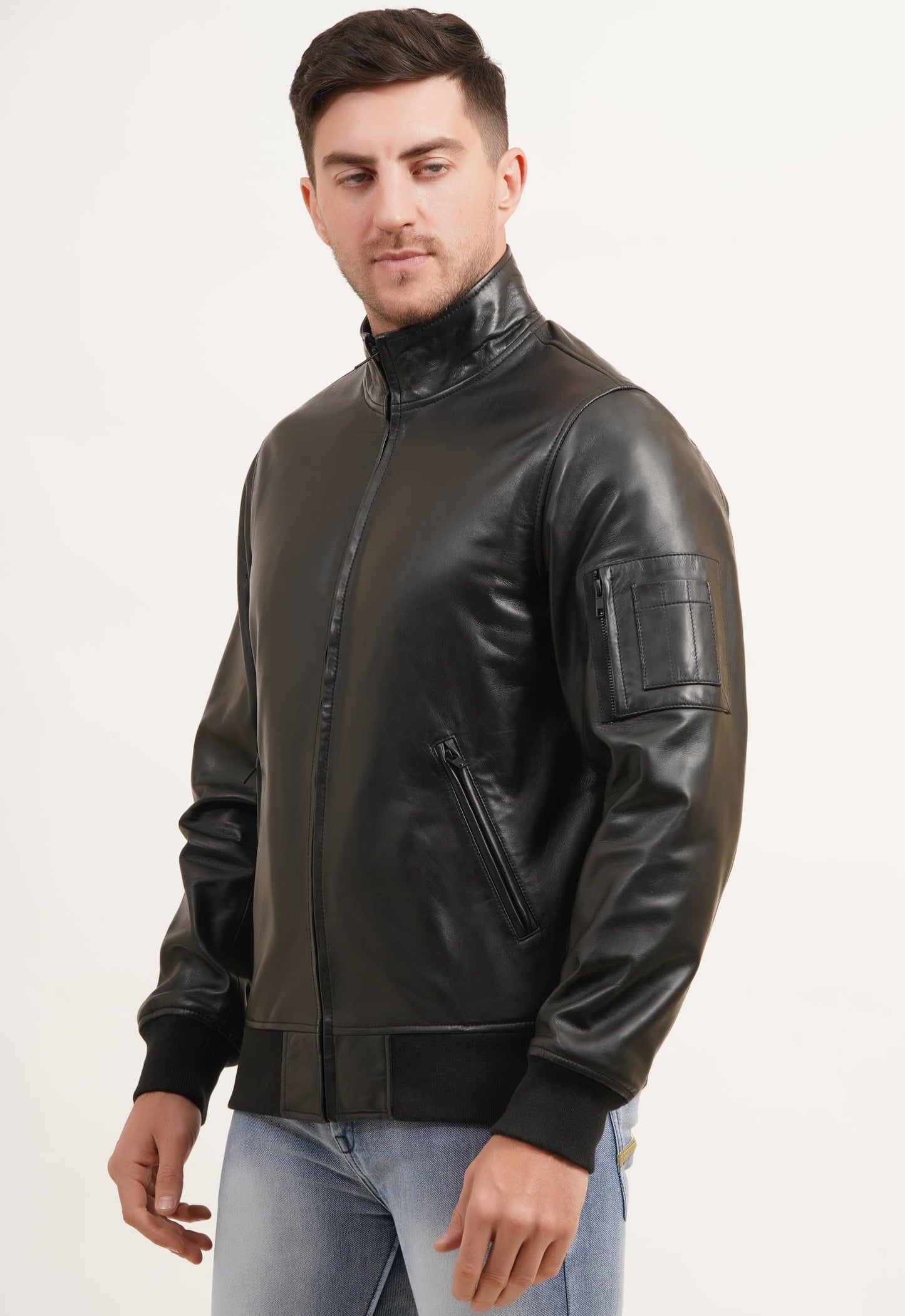 100% Washed Leather Zip Up Bomber Jacket - Black | MX80