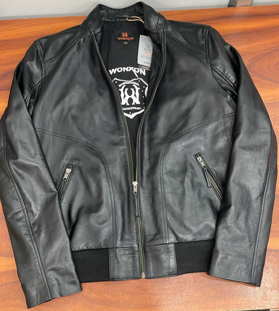 100% Leather Stand Bomber Jacket | MX53