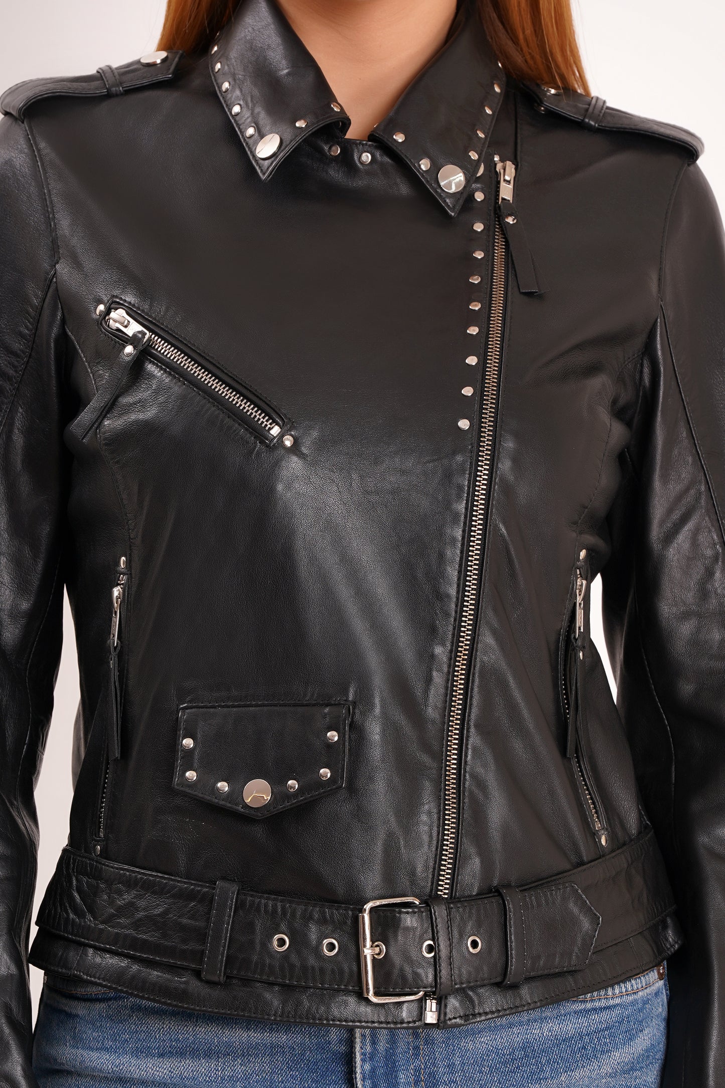 100% Leather Stud Biker Jacket | WX29