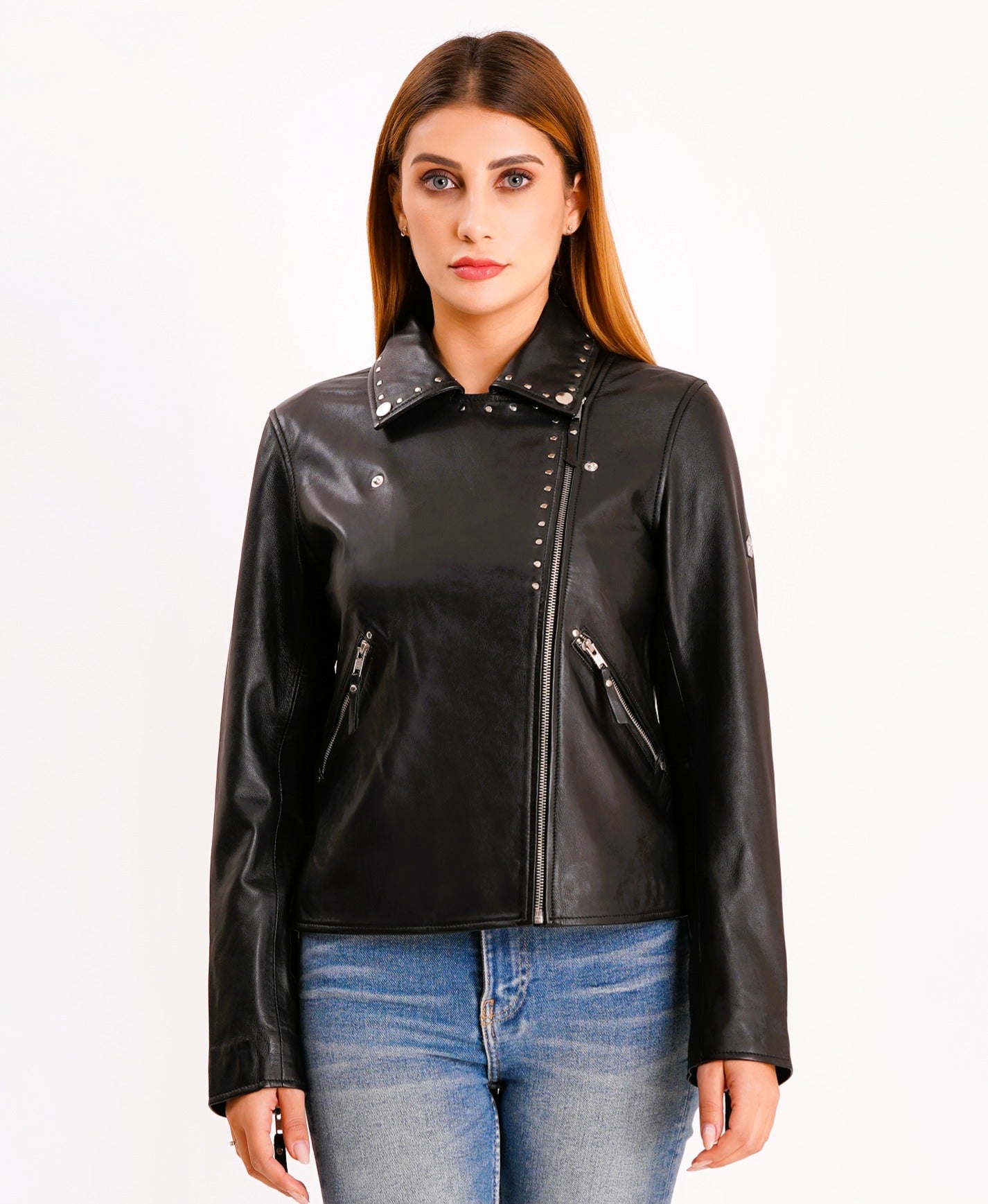 100% Real Lamp Leather Studs Collars Women Jacket | WX31