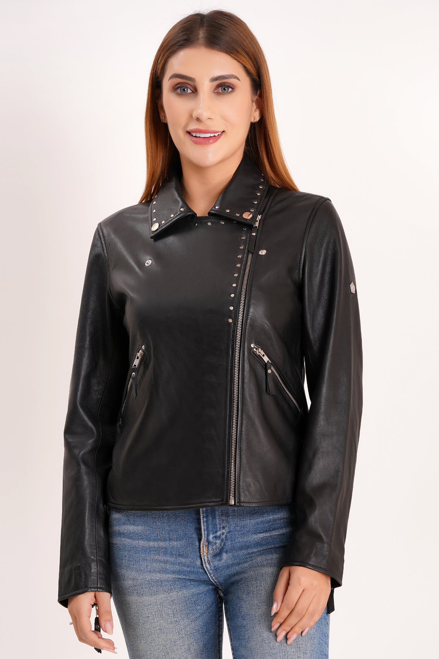 100% Real Lamp Leather Studs Collars Women Jacket | WX31