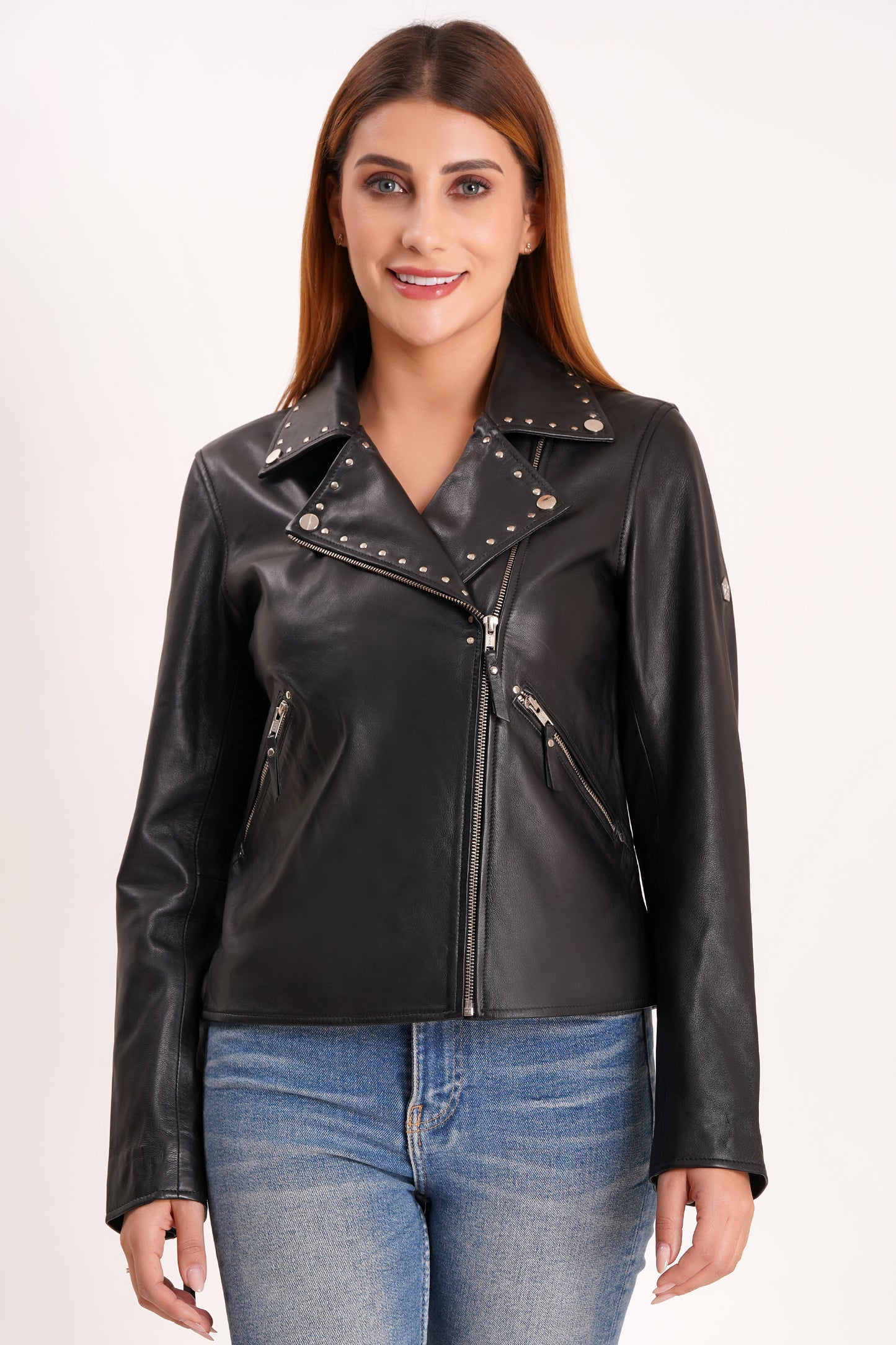 100% Real Lamp Leather Studs Collars Women Jacket | WX31