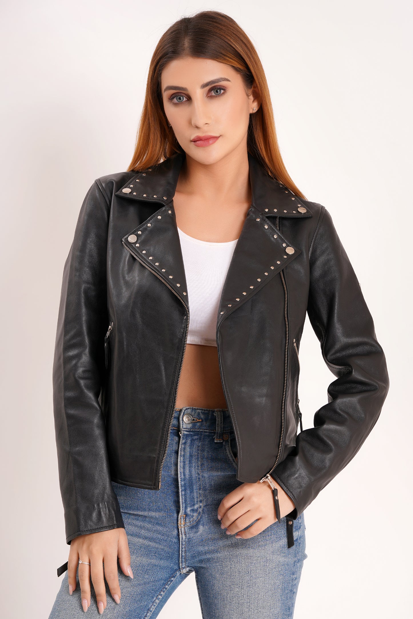 100% Real Lamp Leather Studs Collars Women Jacket | WX31