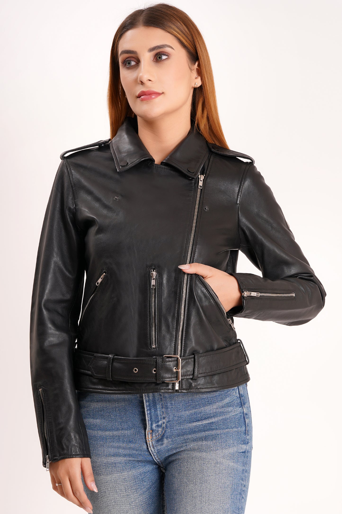 100% Leather Motorcycle Flap Pocket Jacket - Black | WX114