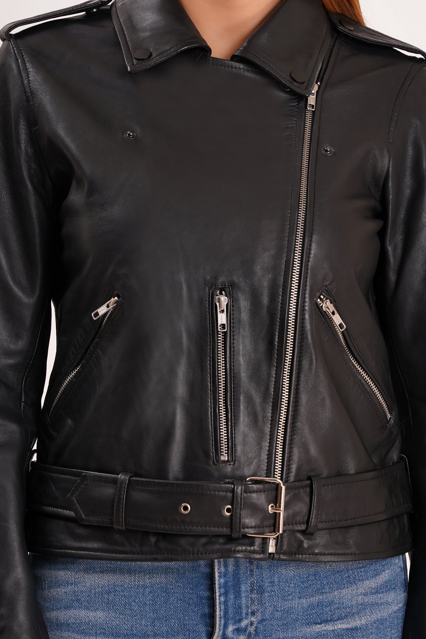 100% Leather Motorcycle Flap Pocket Jacket - Black | WX114
